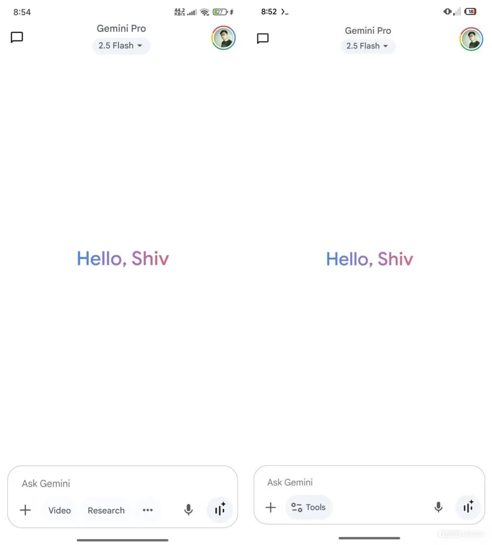 Screenshots highlighting Gemini's old and new prompt box toolbar.