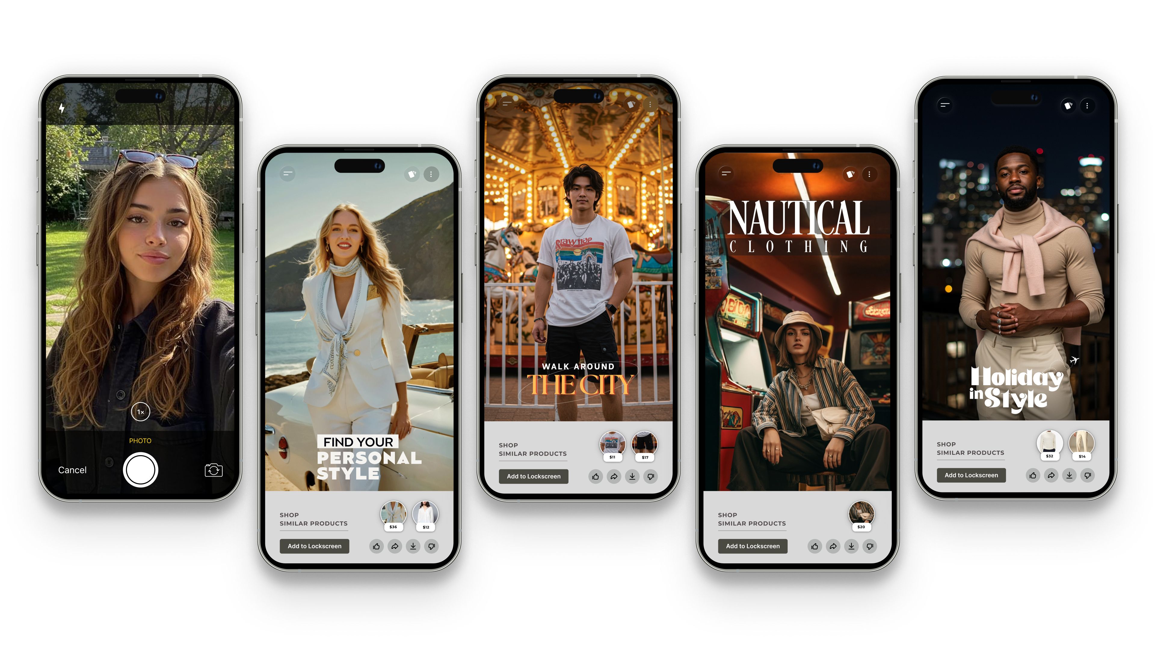Five smartphones with AI-generated fashion recommendations via the Glance app.