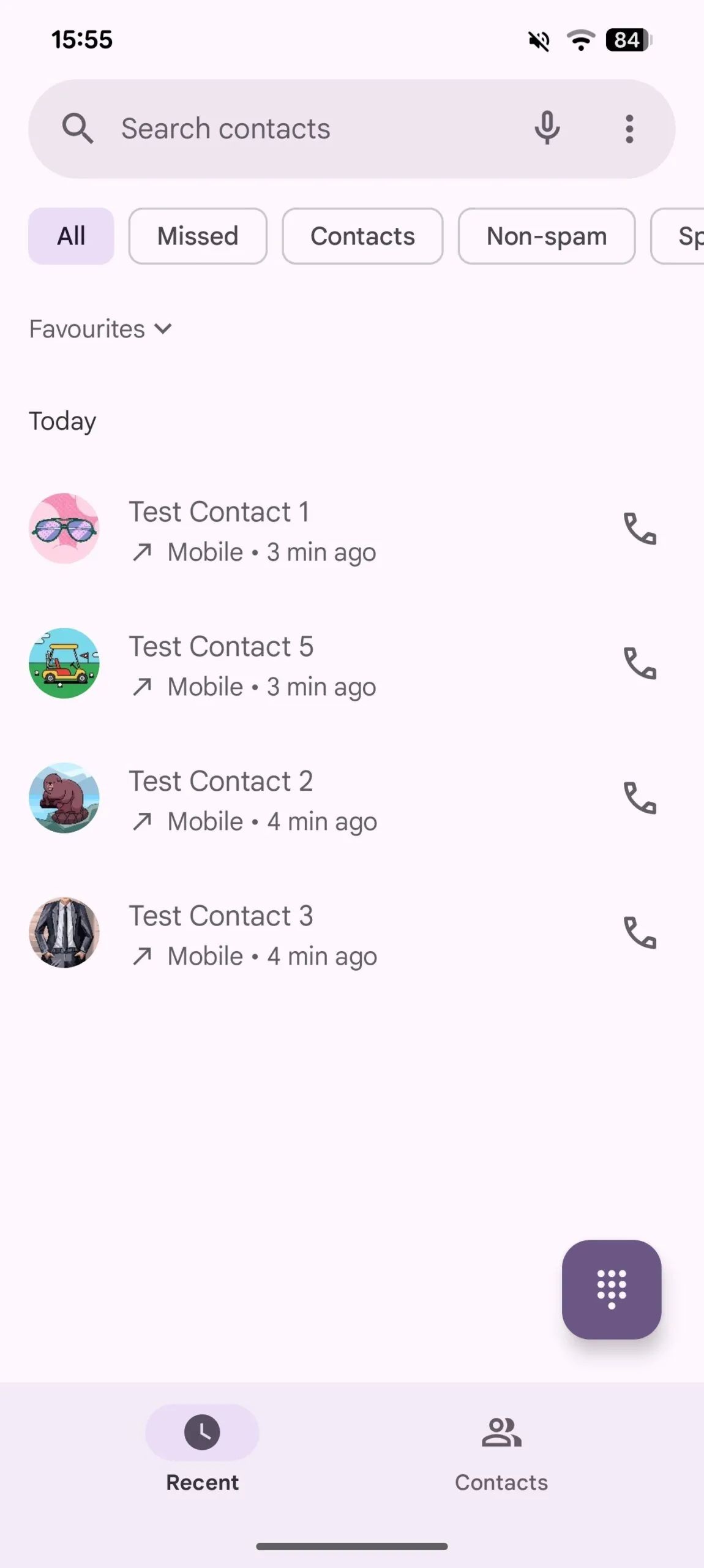 Screenshot showing Google Phone app new Favorites layout