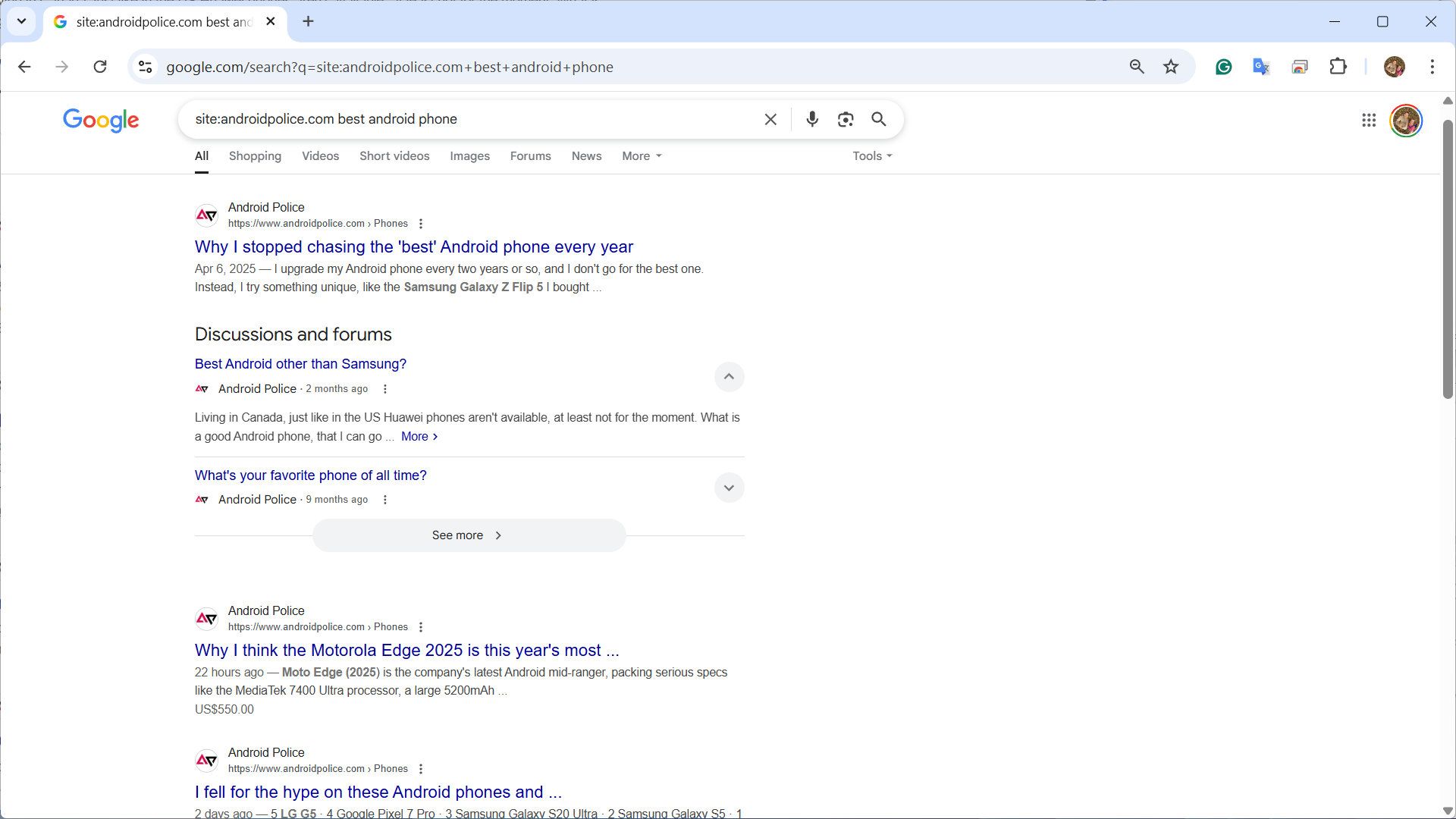 Google Search results for the best Android phone on Android Police