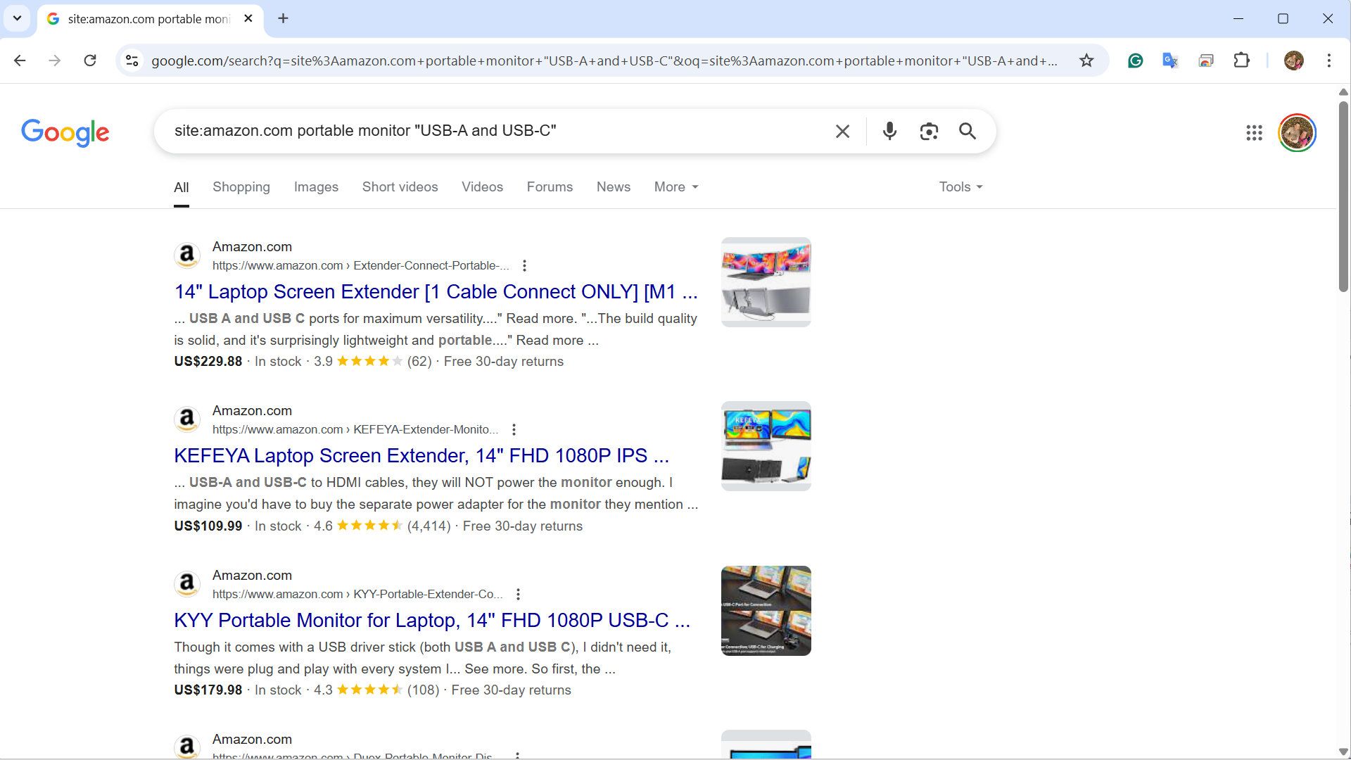 Google Search results for portable monitors on Amazon