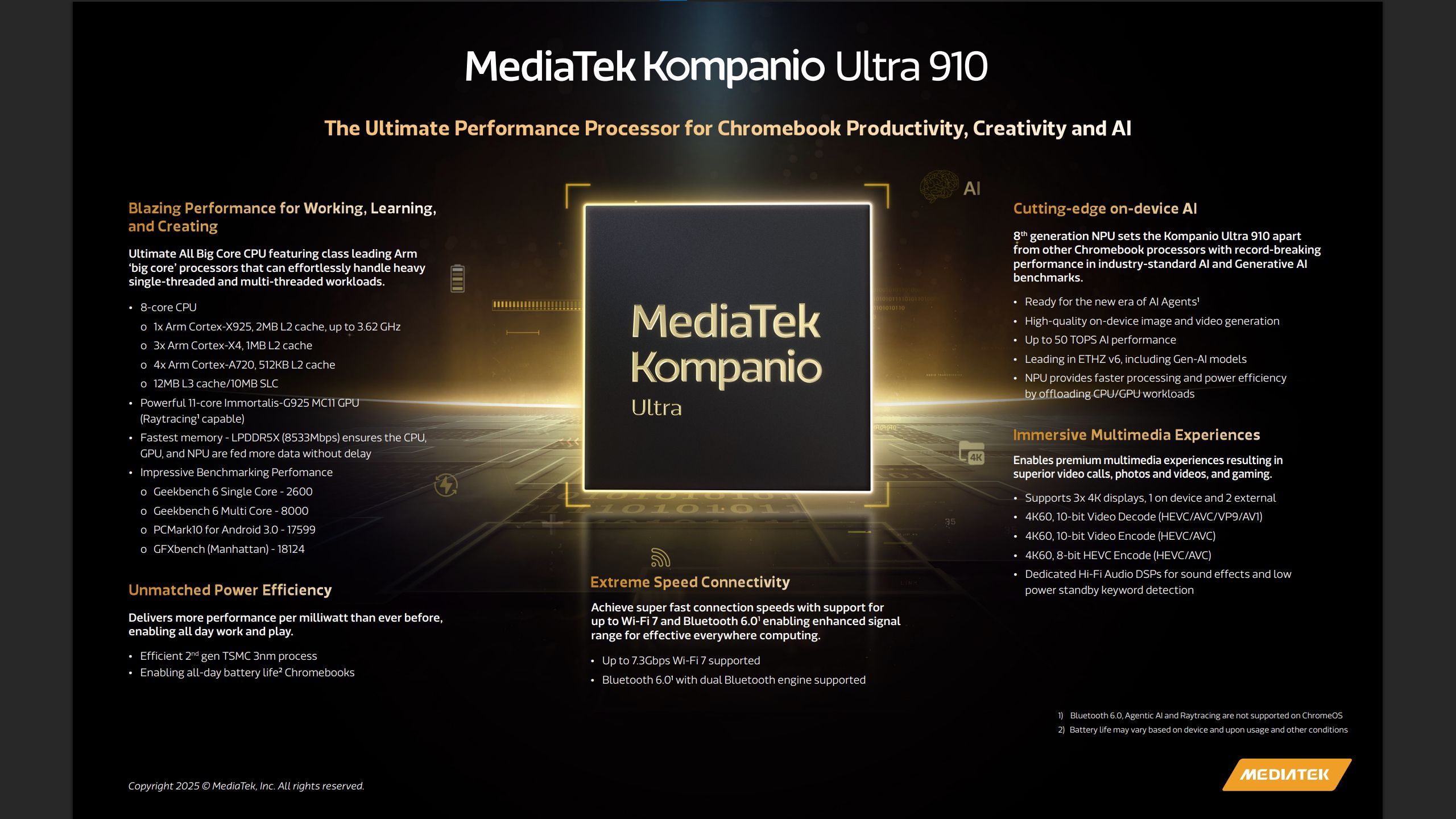 The spec sheet for the MediaTek Kompanio Ultra 910 Chromebook system-on-a-chip.
