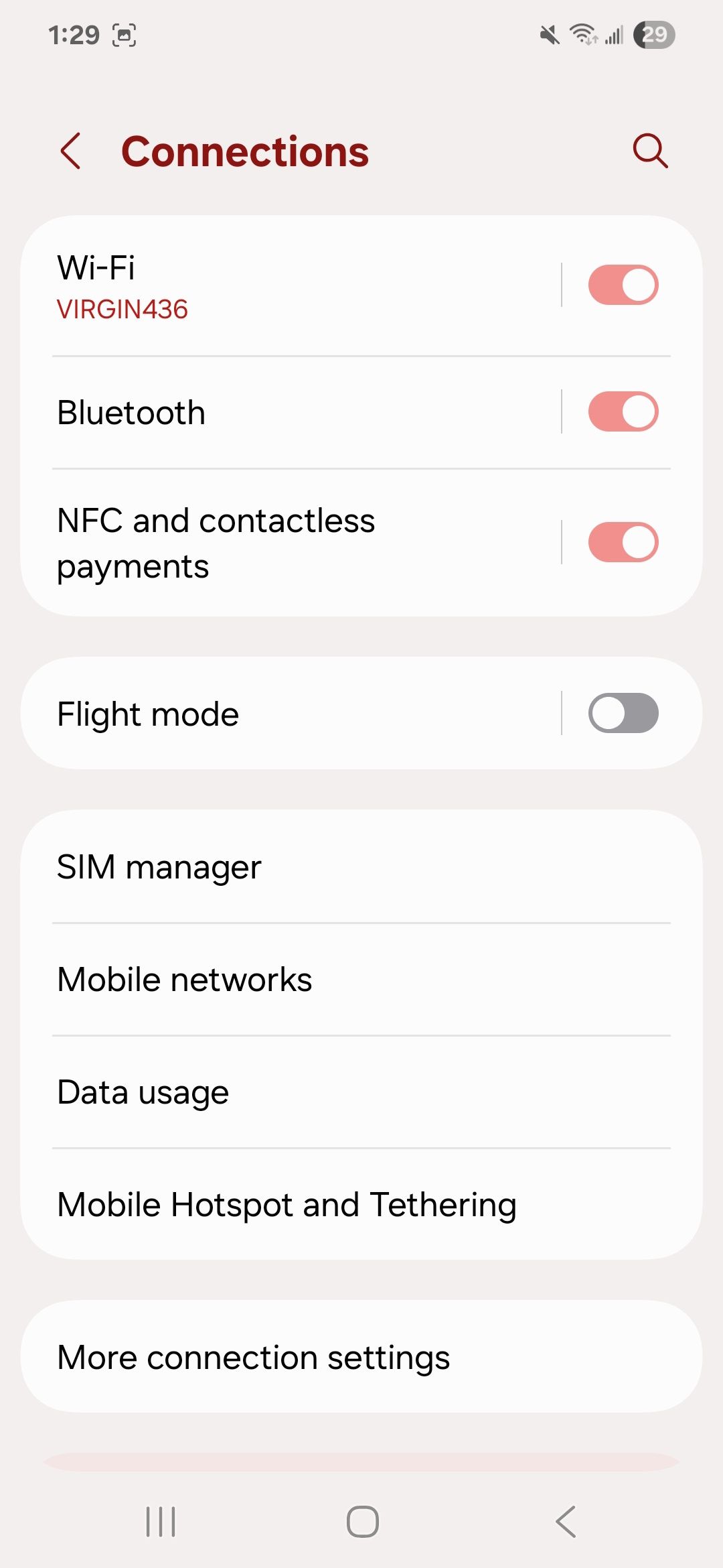 Connections menu showing Wi-Fi toggle, Bluetooth, NFC and contactless payments, Flight mode, SIM manager, Mobile networks, Data usage, Mobile Hotspot and Tethering, and More connection settings options