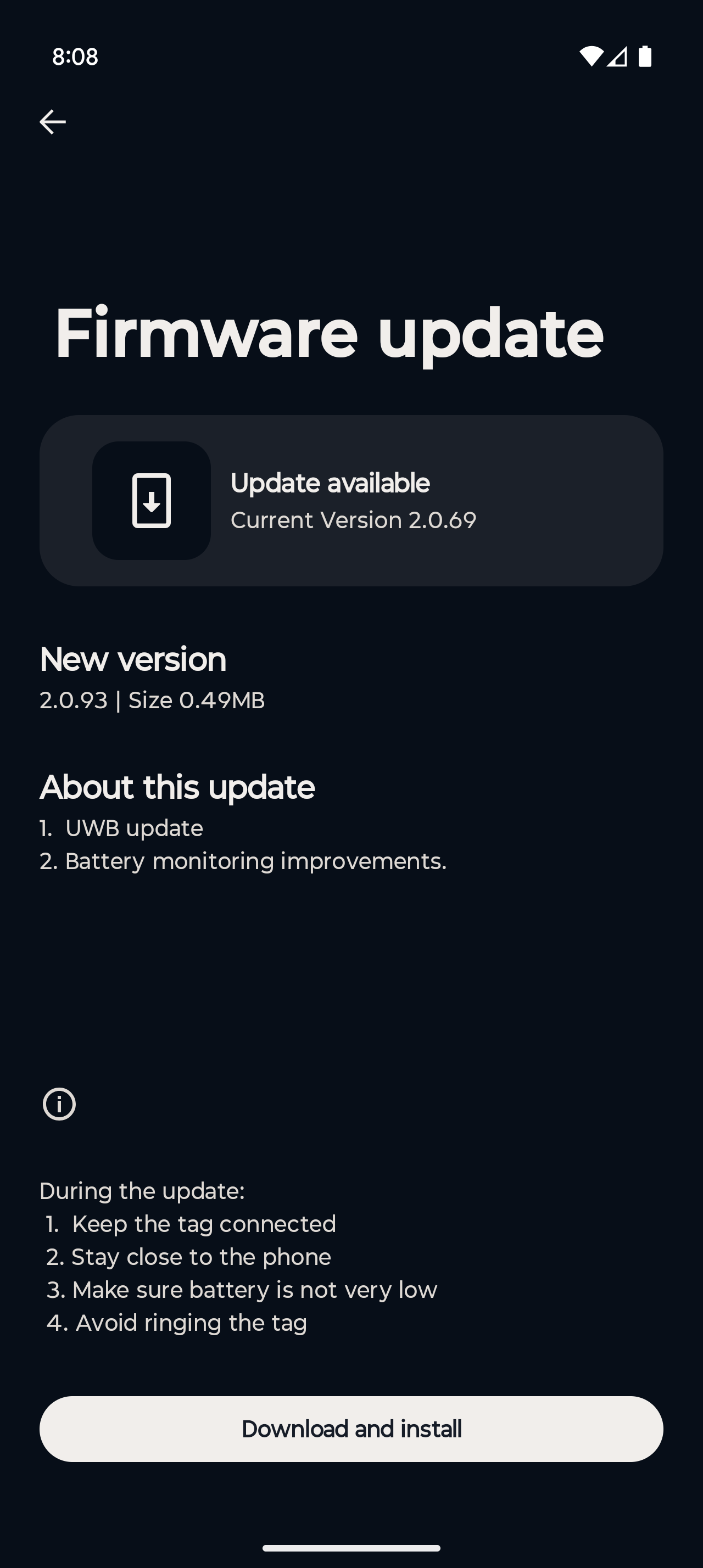 Screenshot of the Moto Tag firmware update that flips the switch on UWB finding.