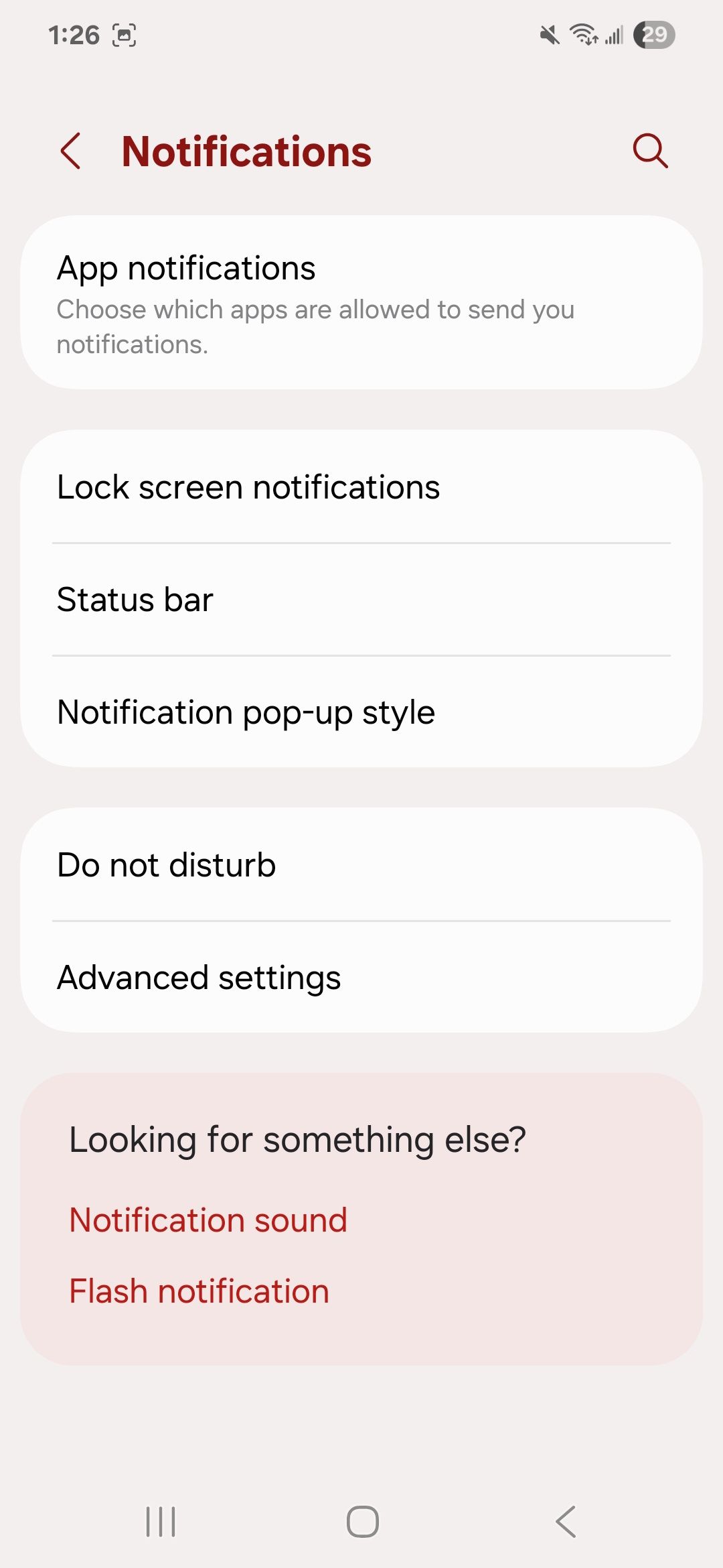 Notifications menu showing App notifications, Lock screen notifications, Status bar, Notification pop-up style, Do not disturb, and advanced settings options