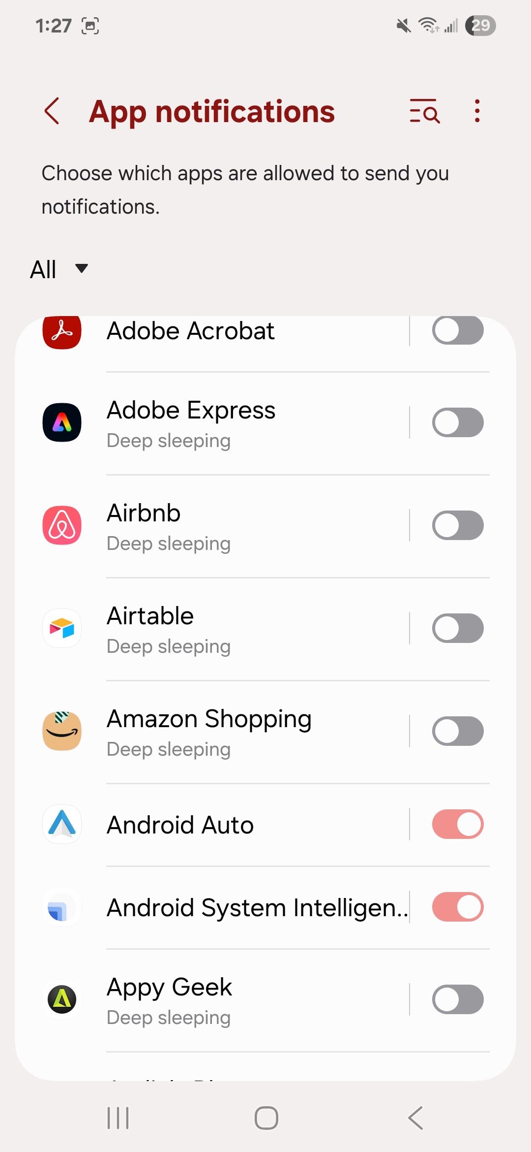 Showing a list of apps in app notifications with toggles next to them