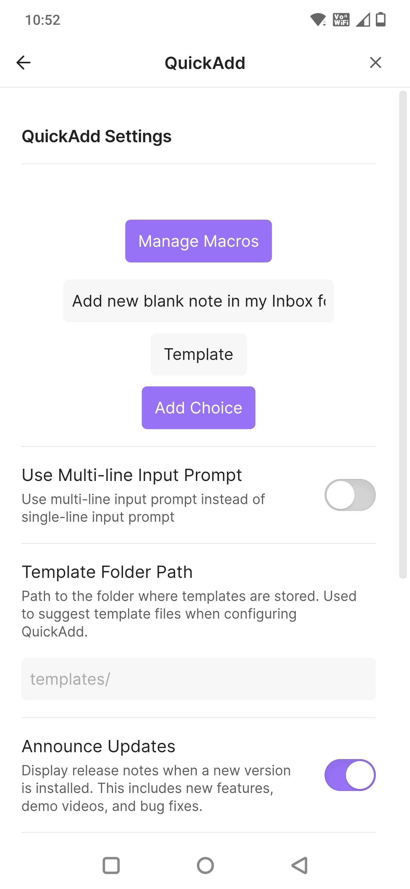 Screenshot of the Obsidian app showing the QuickAdd plugin Settings page