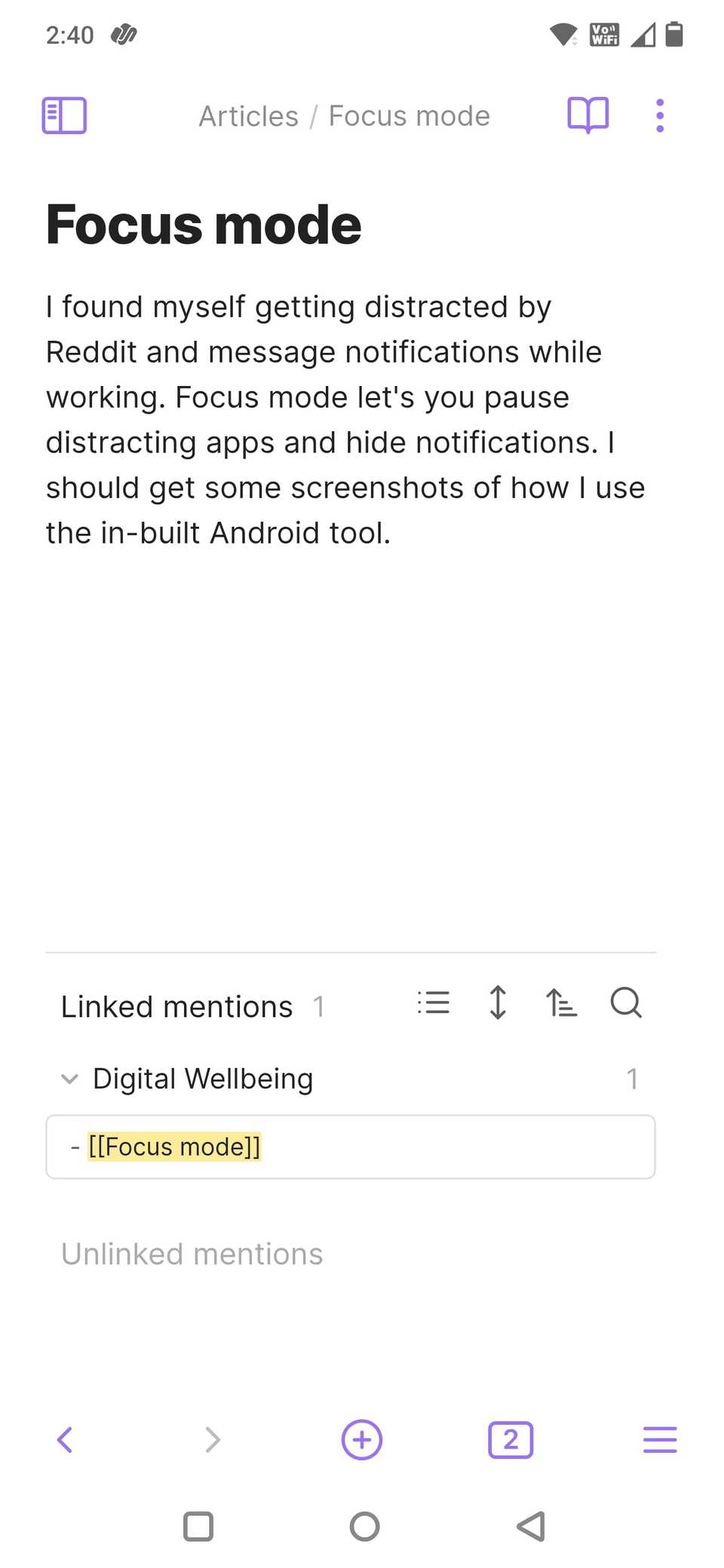 Screenshot of the Obsidian app showing a note with a linked mention