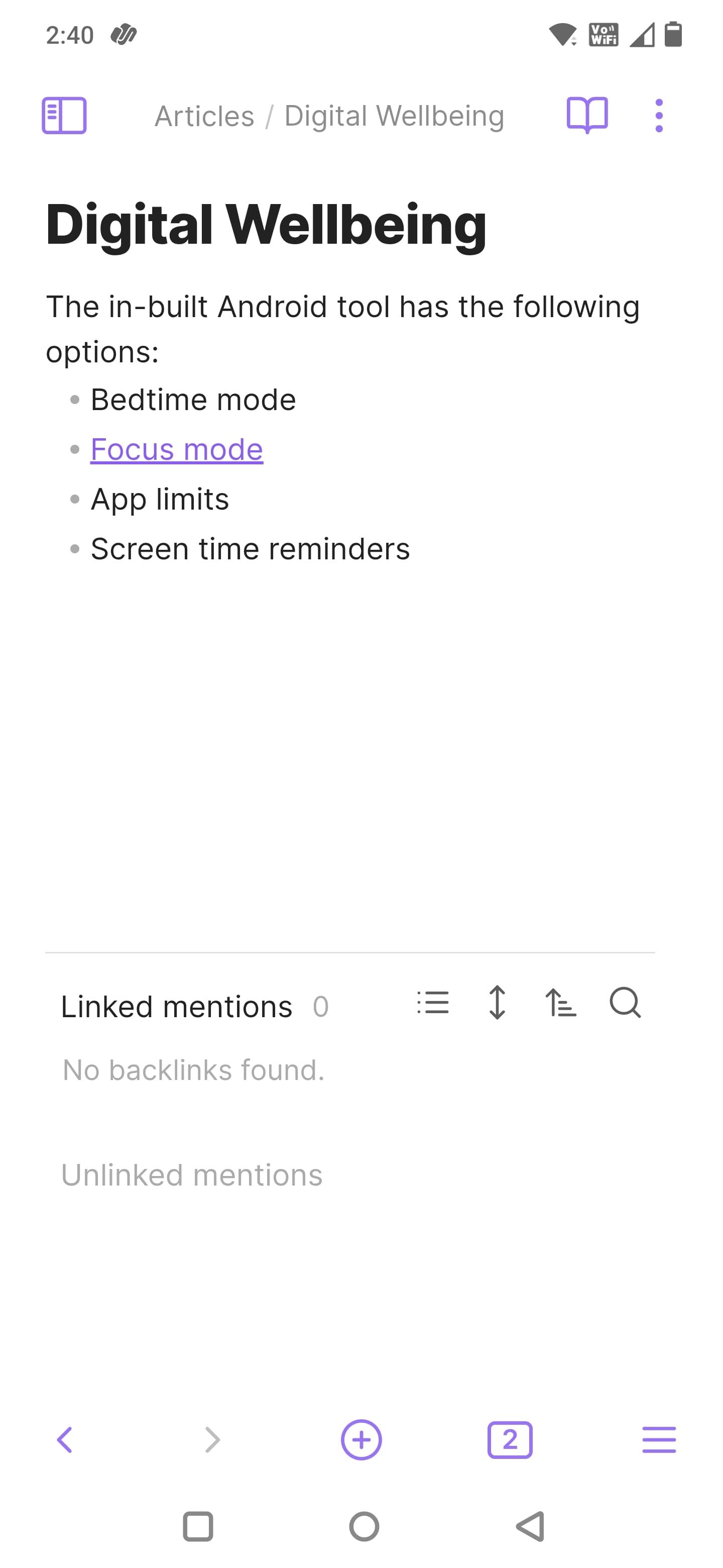 Screenshot of the Obsidian app showing a note with a link
