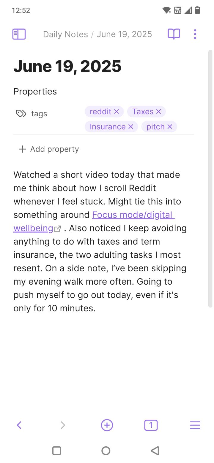 Screenshot of the Obsidian app showing a note with tags and backlinks