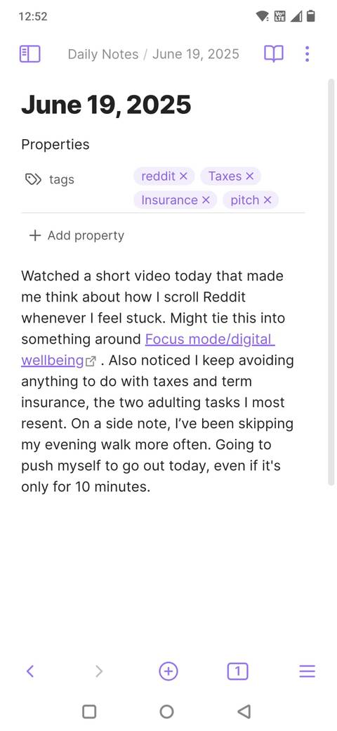 Screenshot of the Obsidian app showing a note with tags and backlinks