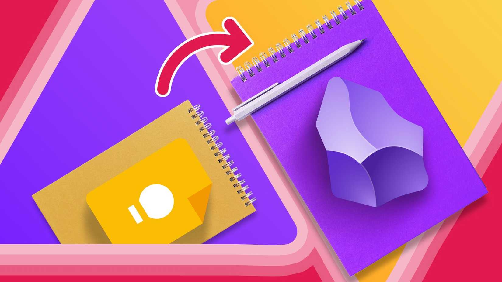 A notebook with the Google Keep logo on the left and another with the Obsidian logo on the right, with an arrow pointing from Keep to Obsidian