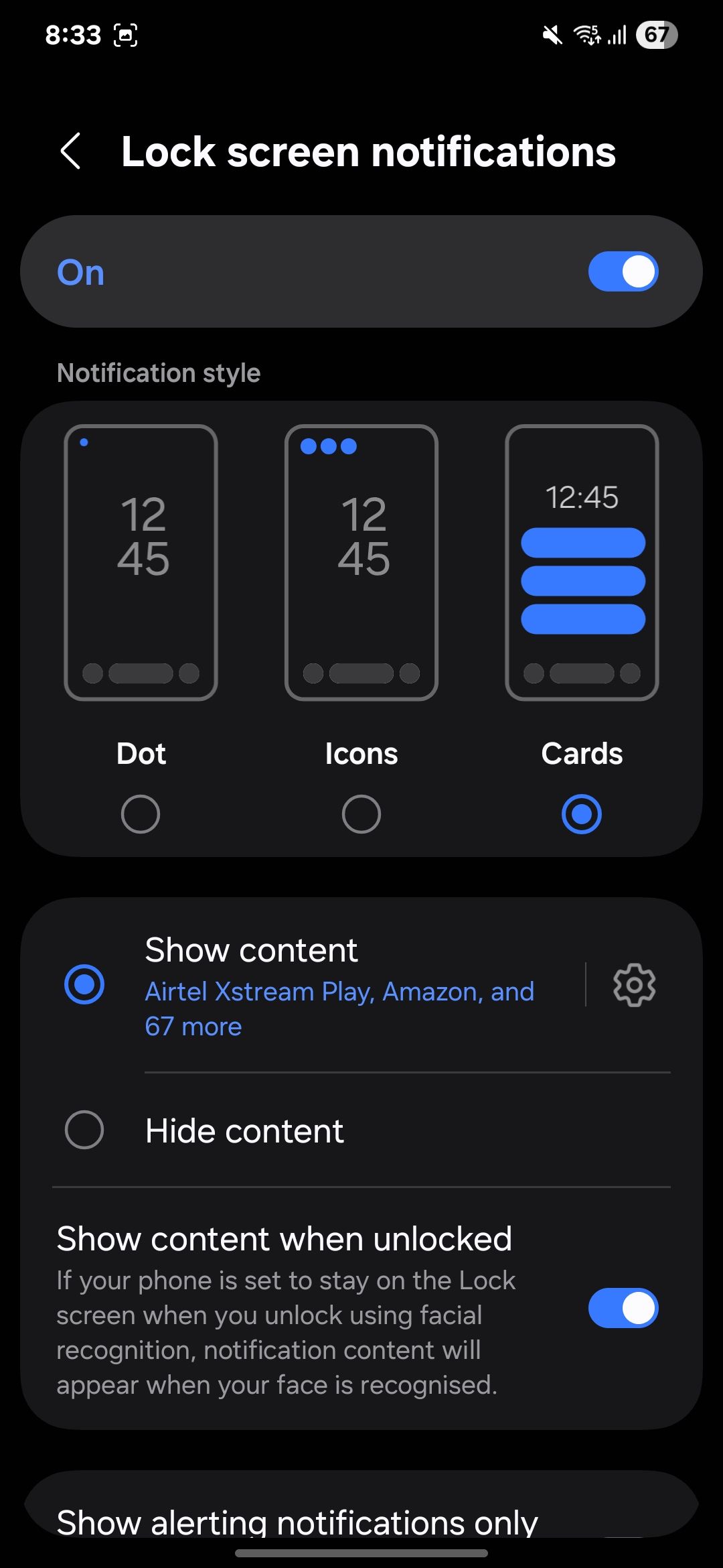Notification settings menu showing various customization options