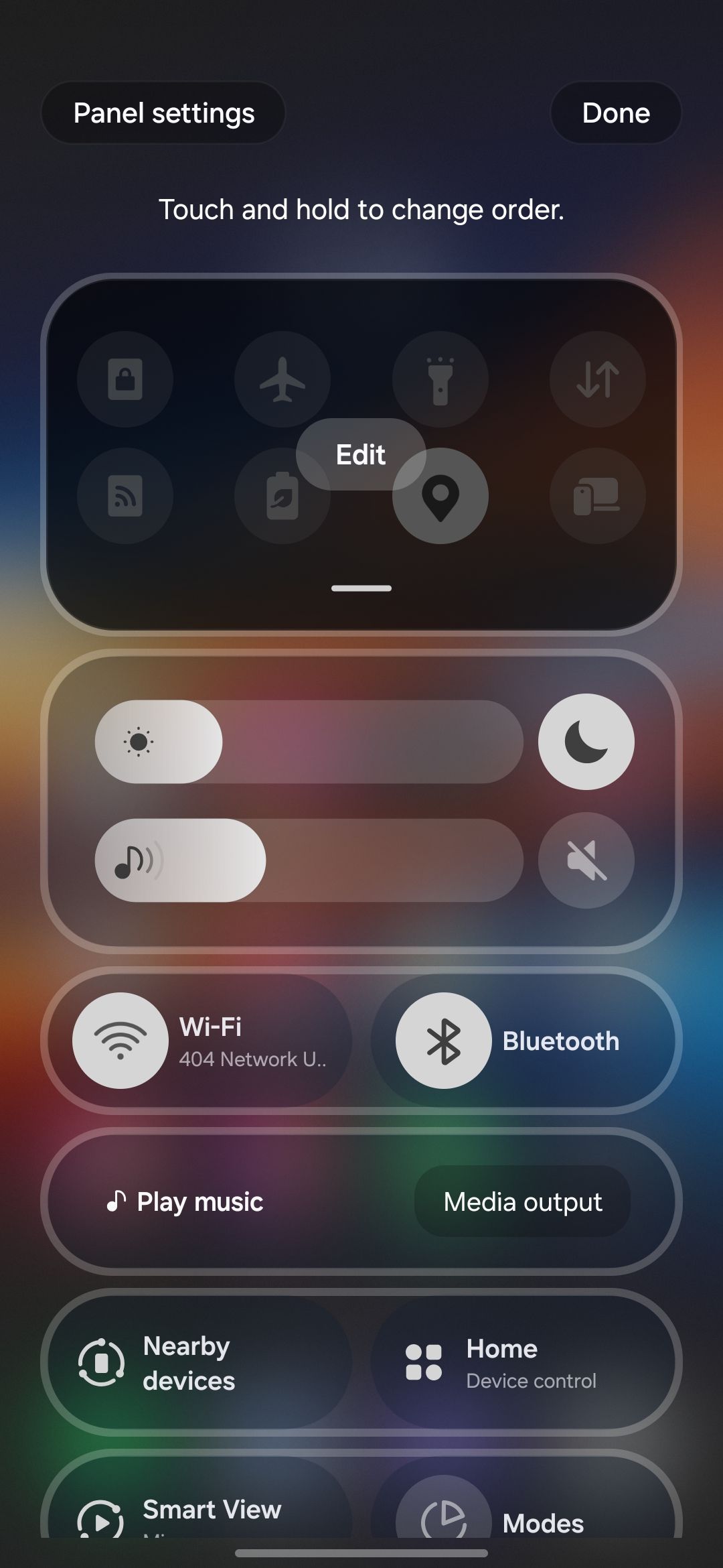Quick settings edit mode with drag handles and customization options
