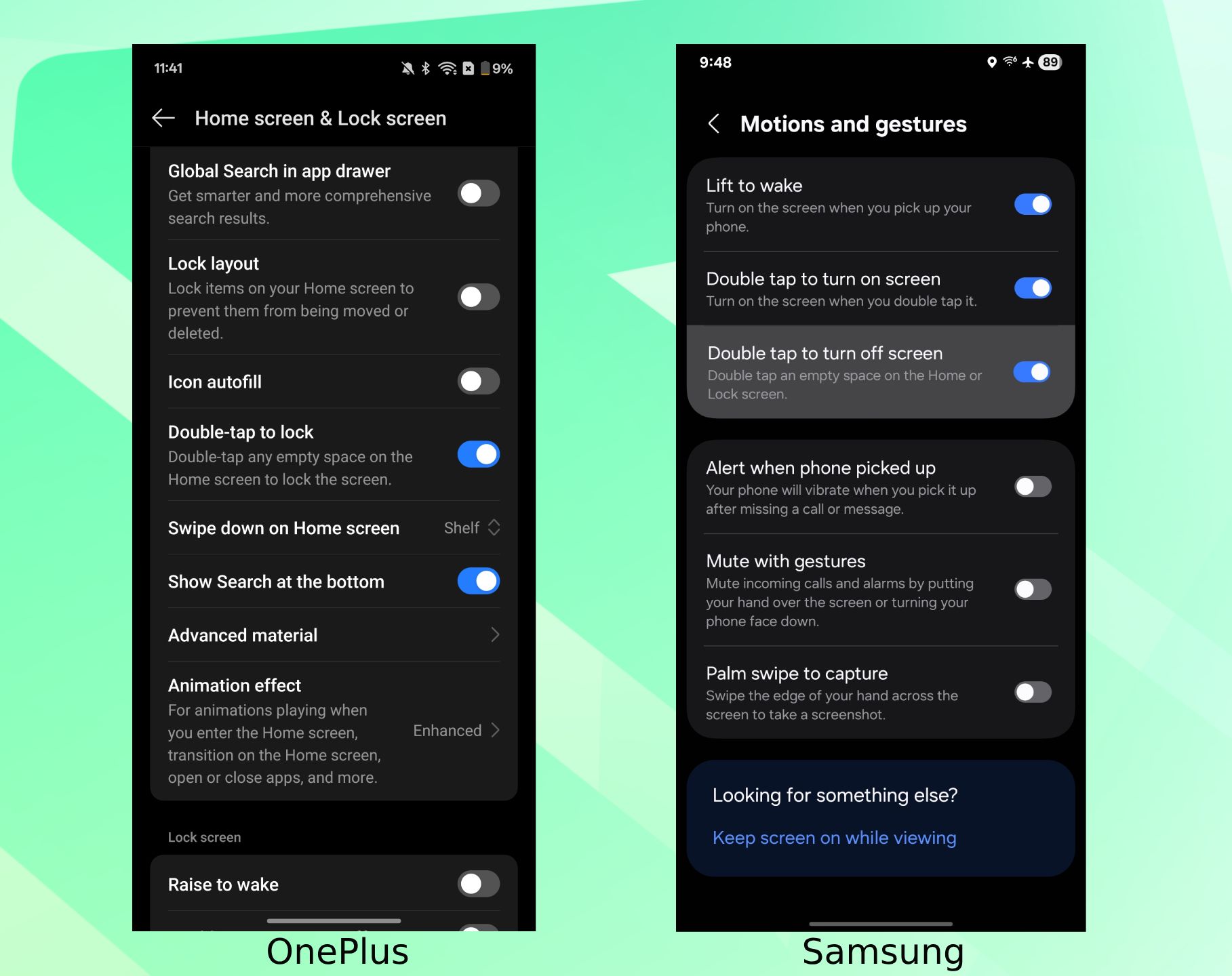 Screenshots of OnePlus and Samsung's respective double tap to turn screen off settings. 