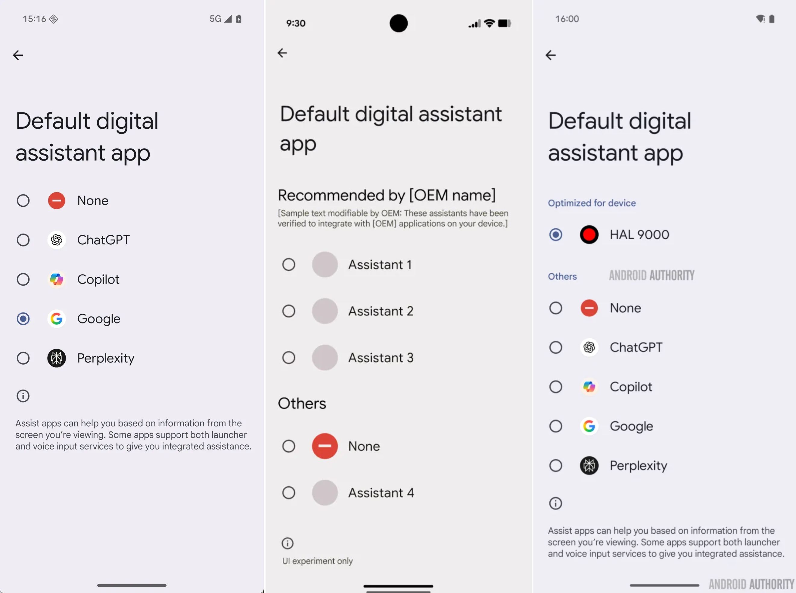 Capturas de pantalla que destacan la pantalla de asistente digital predeterminado con asistentes de voz optimizados enumerados.