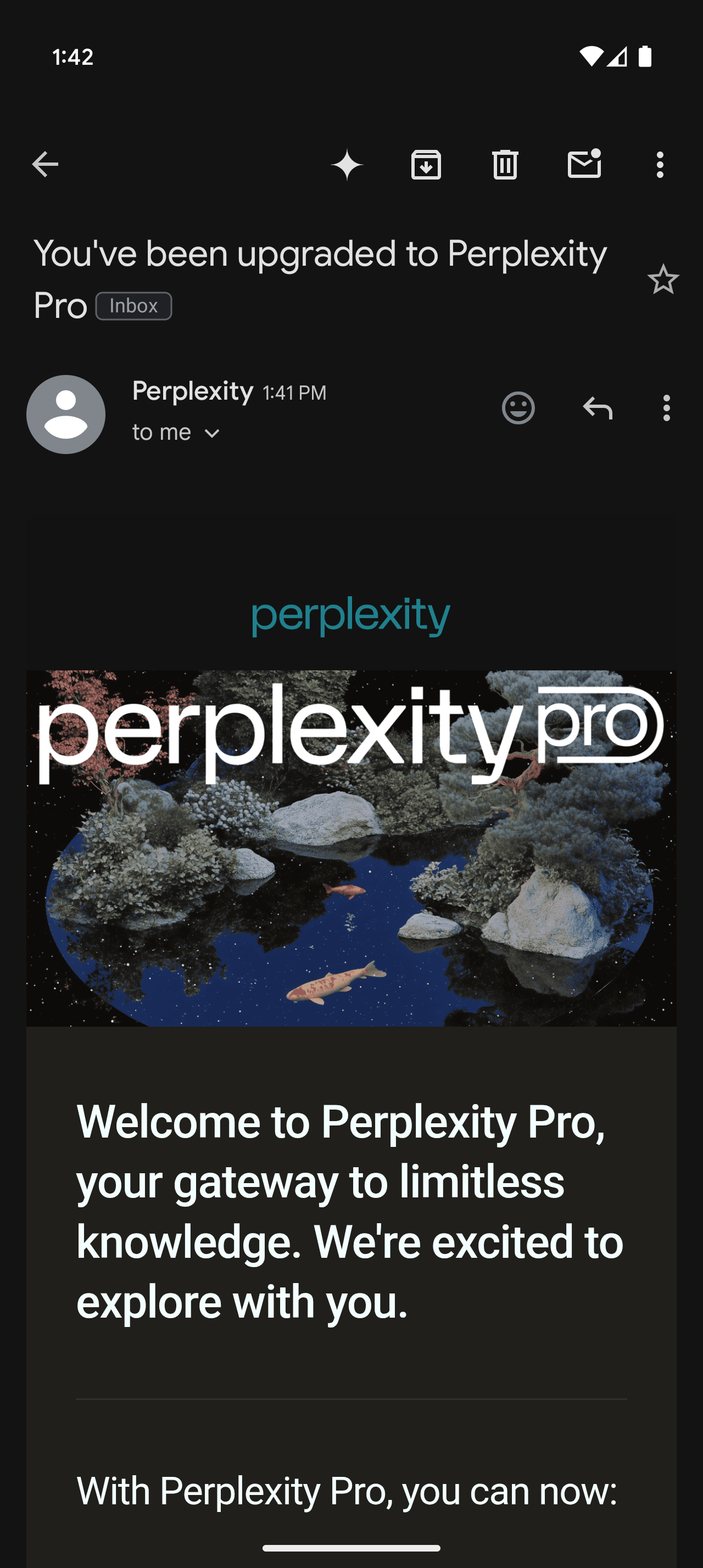 A screenshot of Perplexity's email suggesting that my account has been upgraded to Perplexity Pro.
