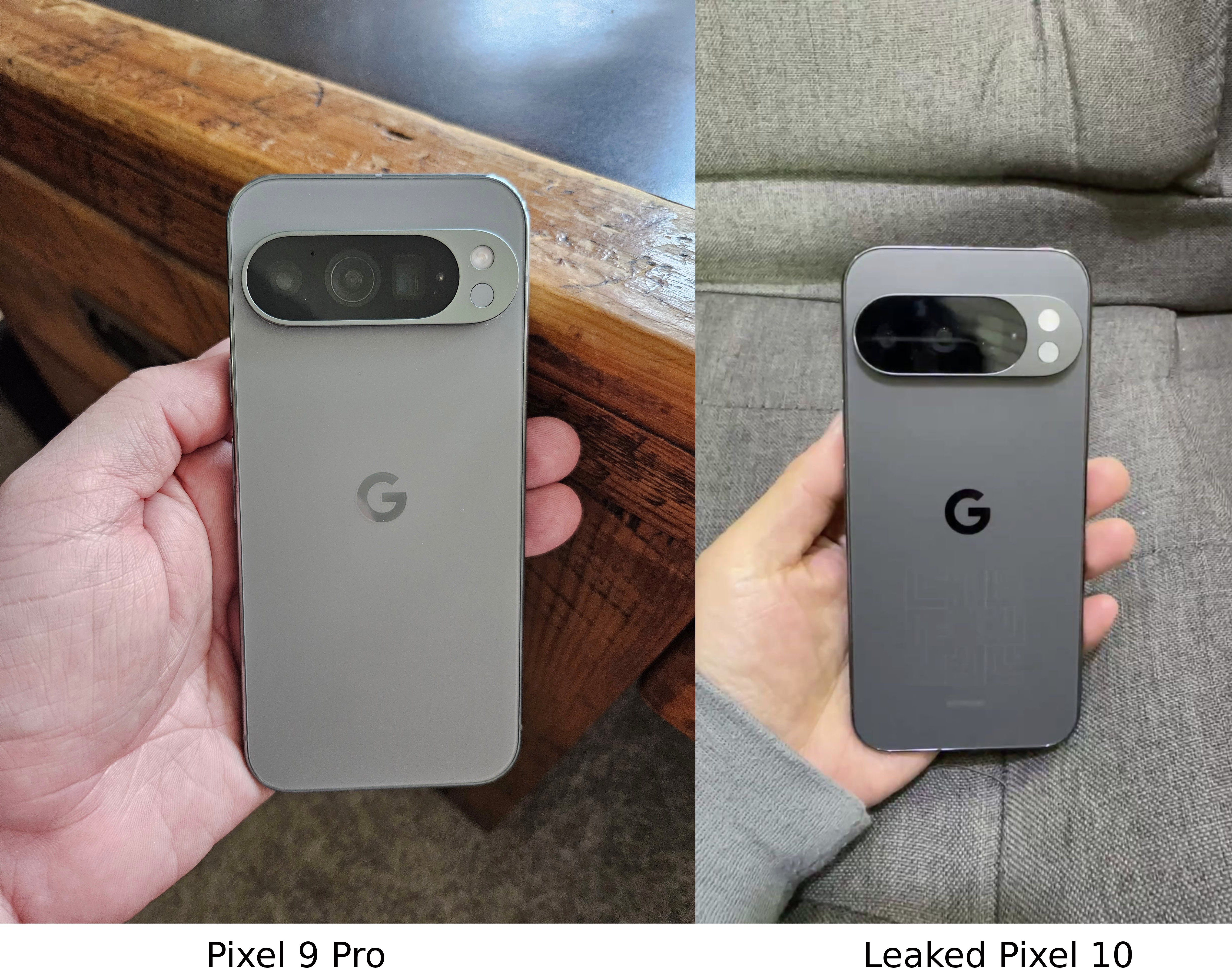The Pixel 9 Pro and a leaked Pixel 10 Pro side-by-side.