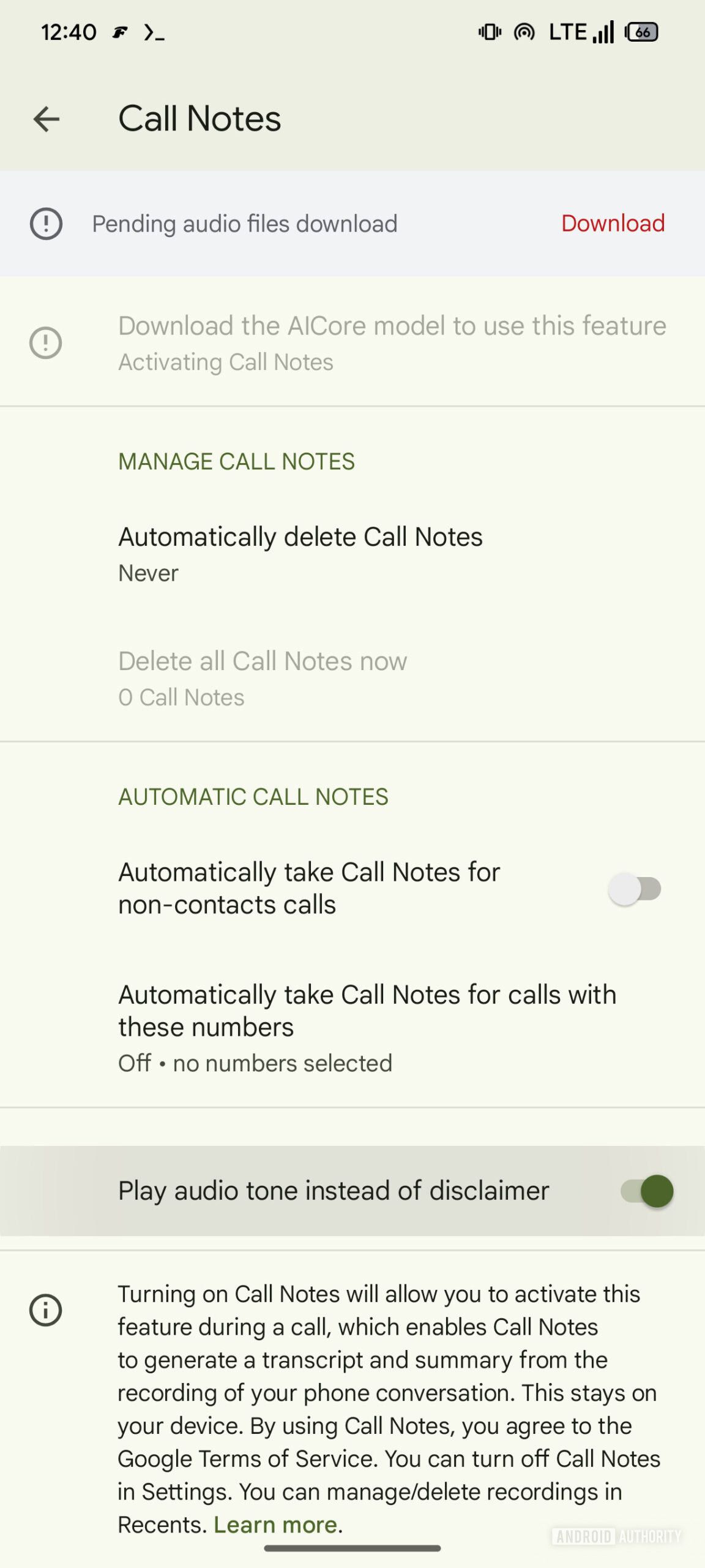A screenshot of an audio tone disclaimer warning option found in a Pixel Call Notes APK teardown.