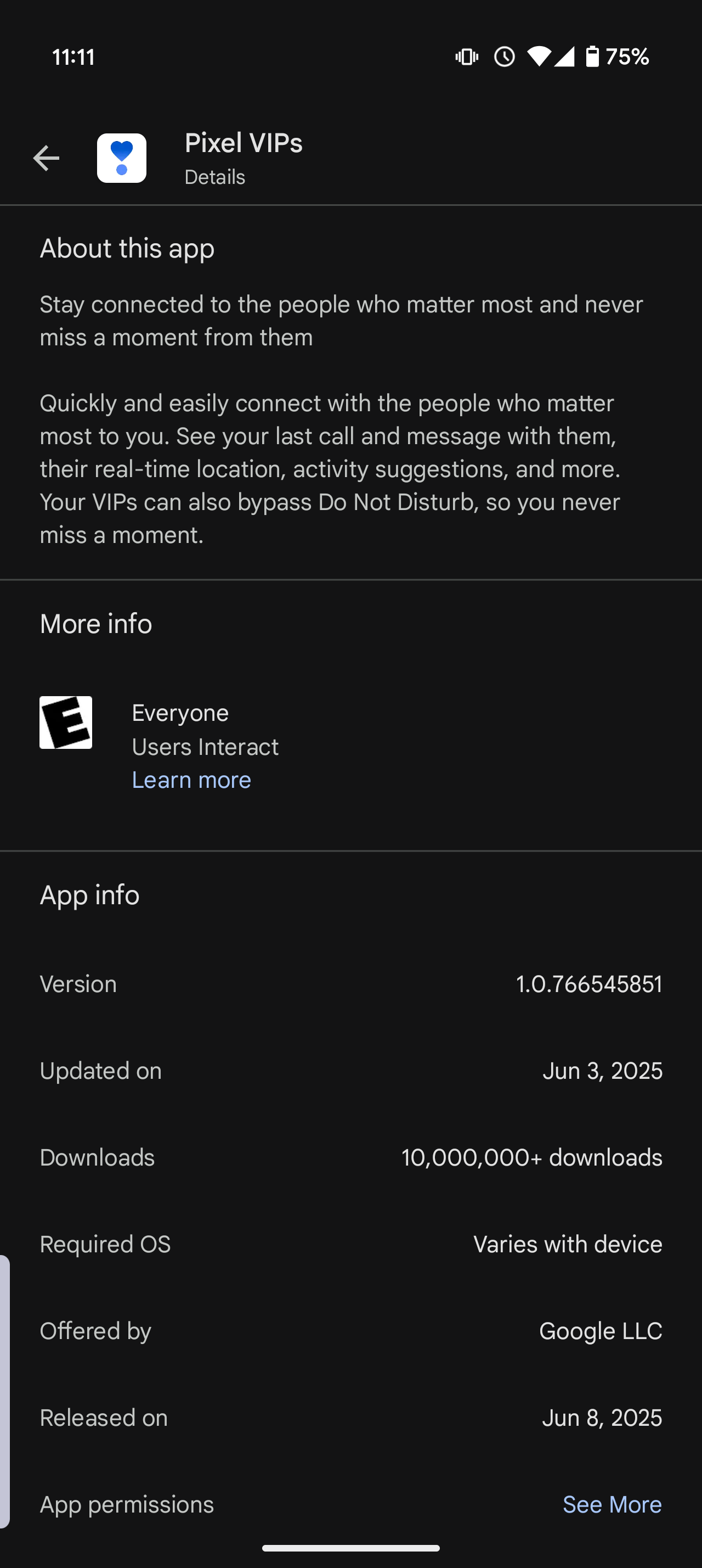 Pixel VIPs Play Store listing