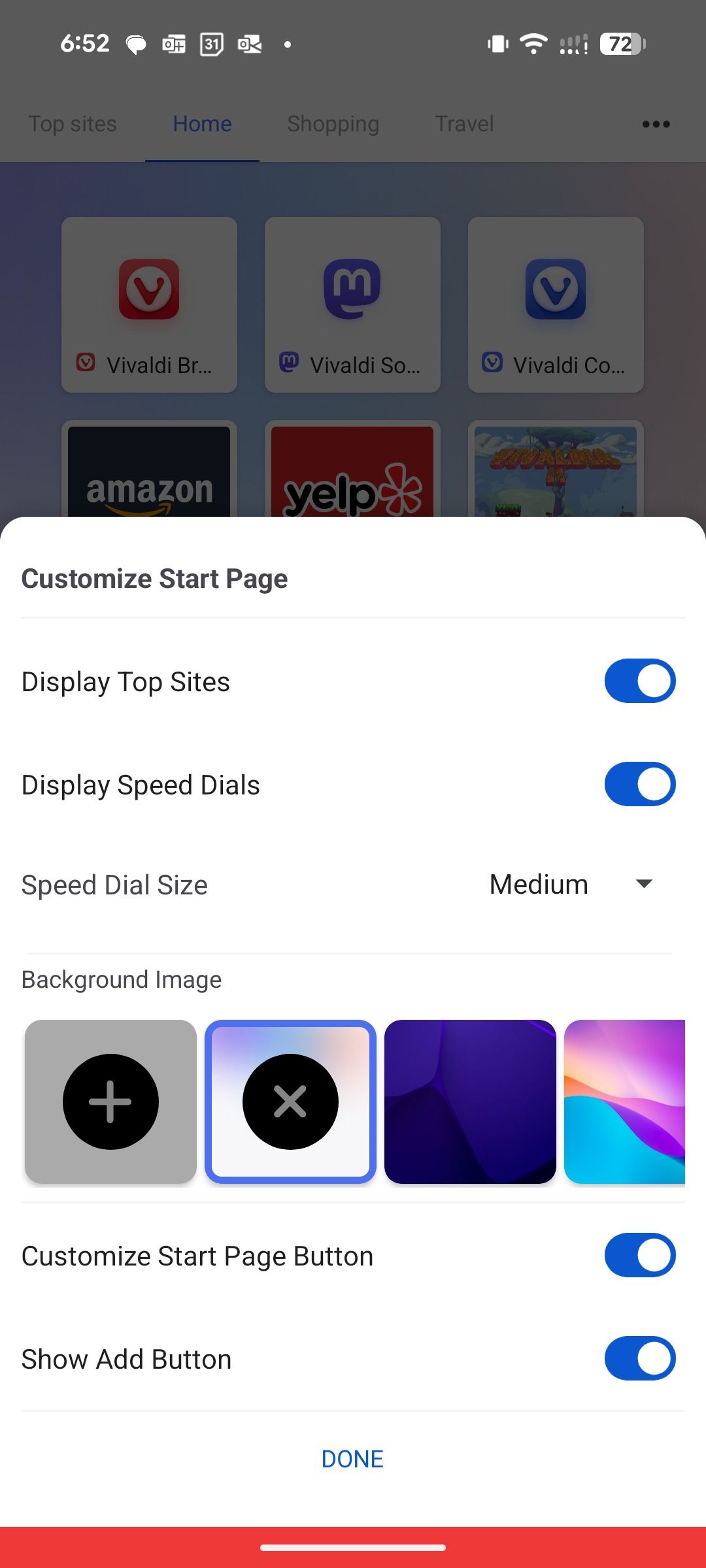 Start page customization in Vivaldi