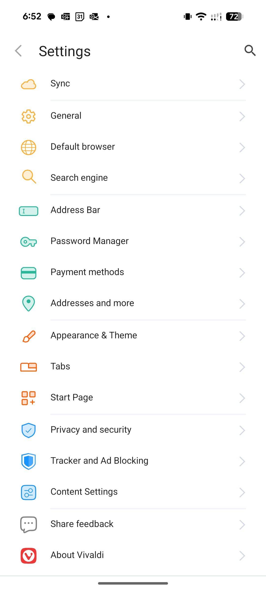 Settings menu in Vivaldi