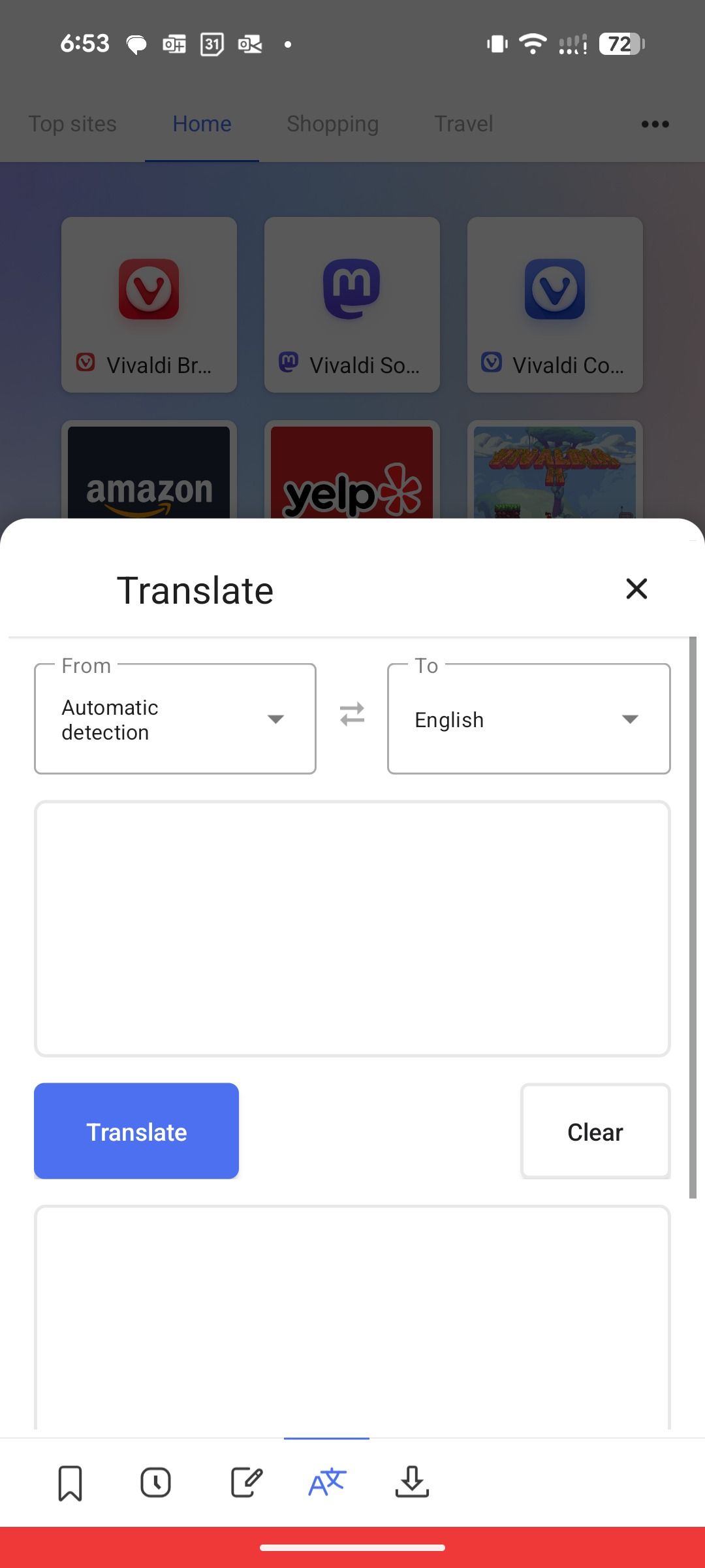 Translation feature in Vivaldi