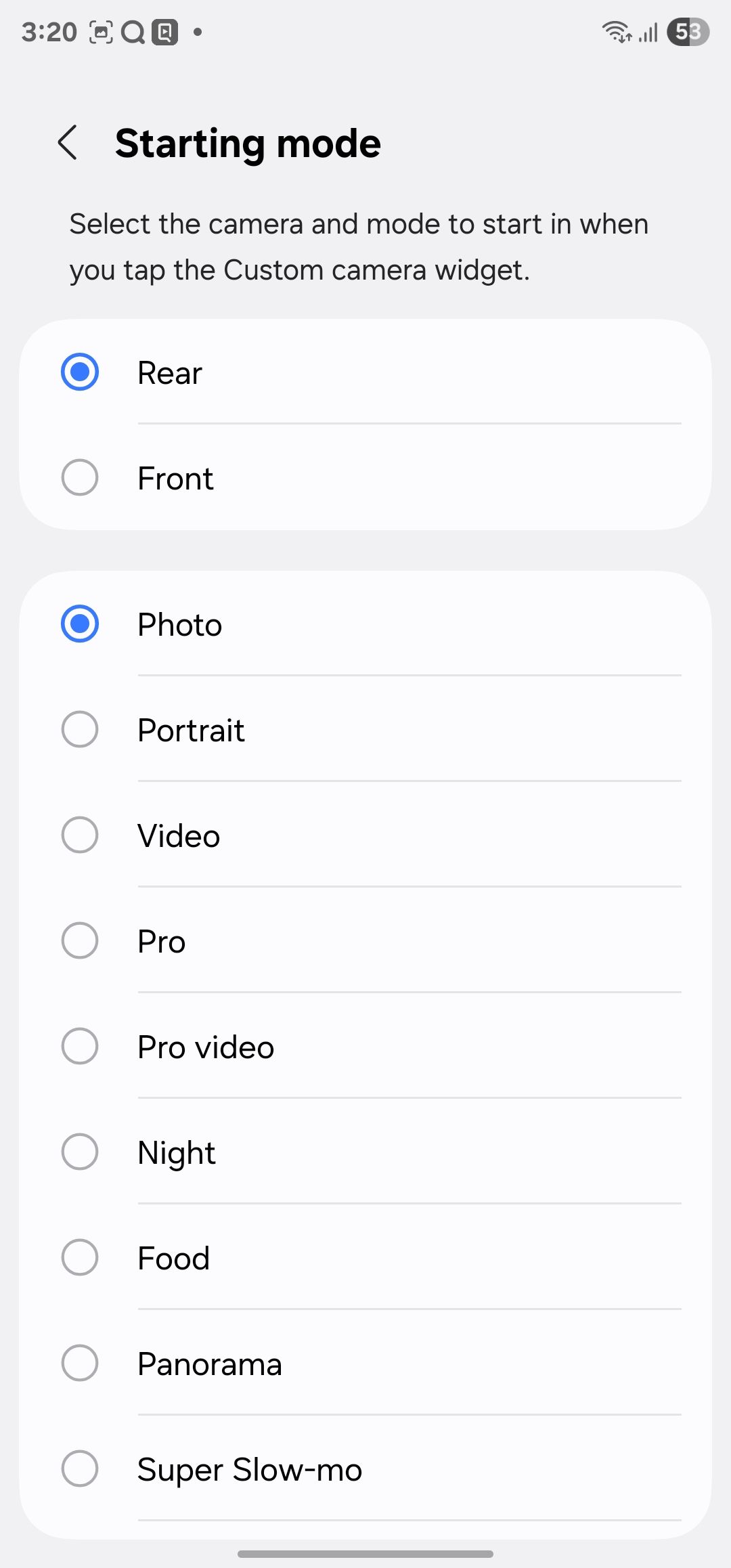 Camera widget settings