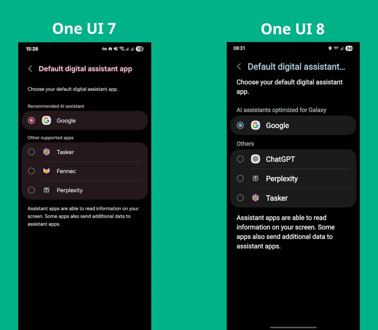 Capturas de pantalla de la página de configuración de asistente digital predeterminado de Samsung en una UI 7 y una UI 8.