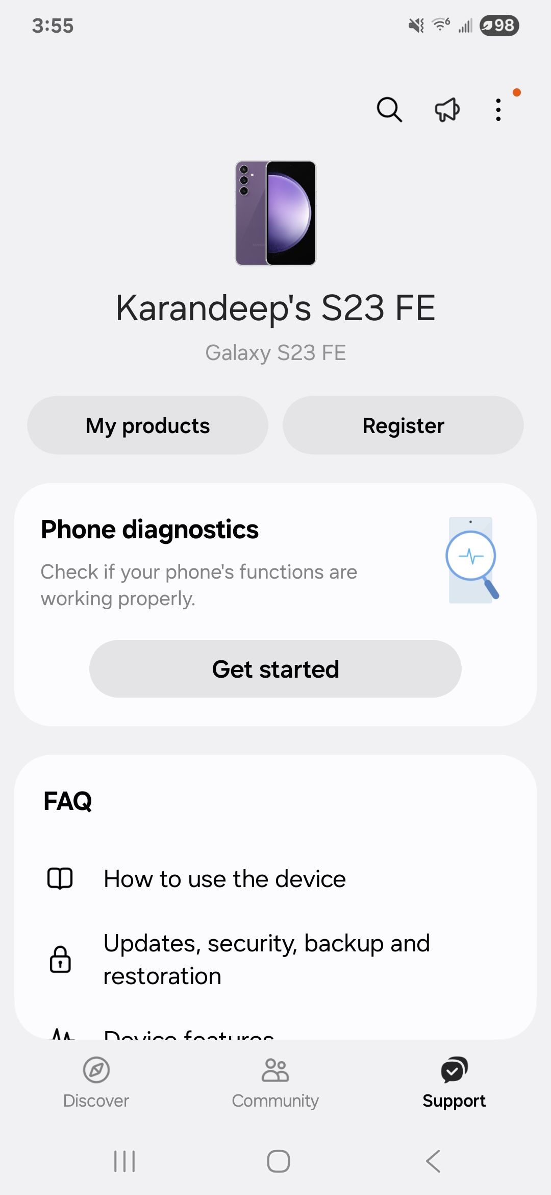 A screenshot of the Samsung Members app highlighting the My products section.