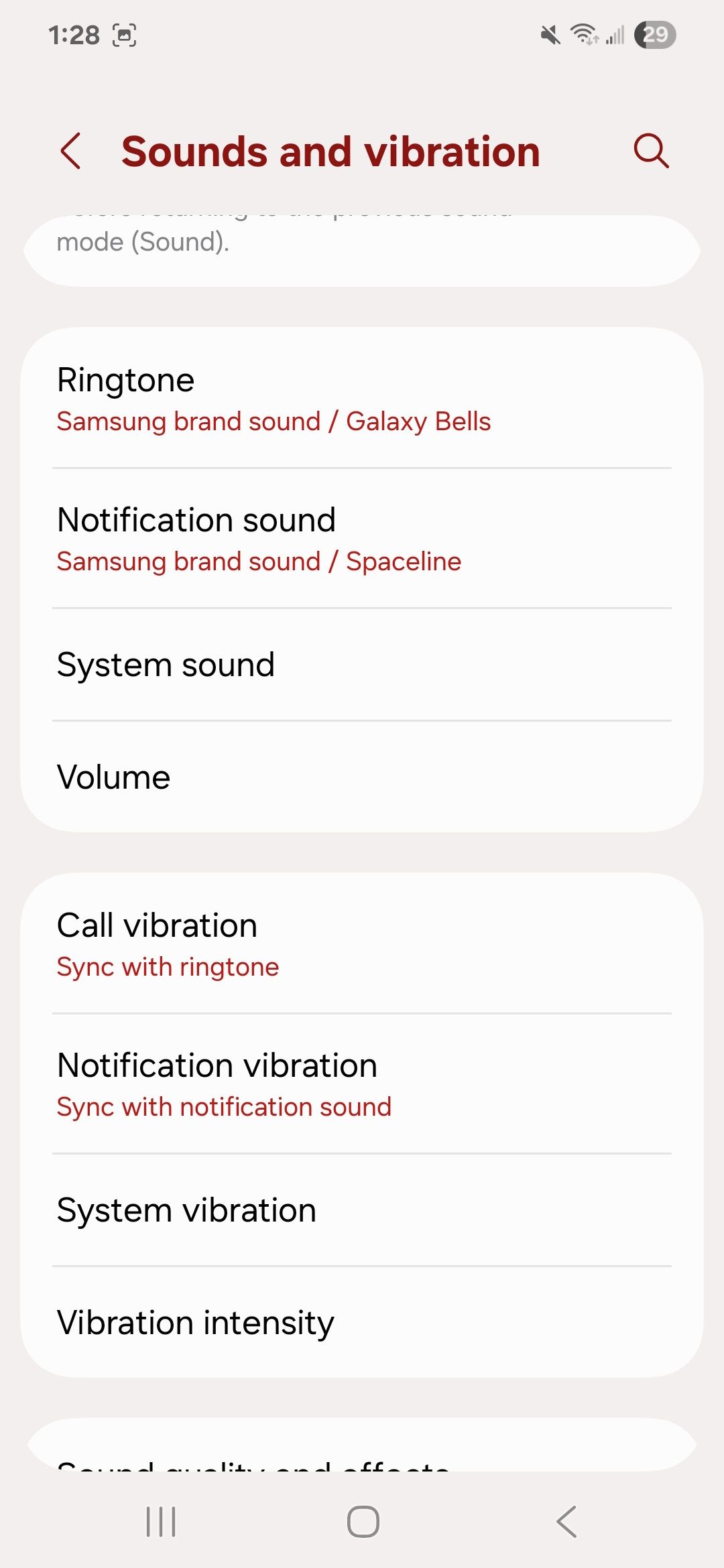Sounds and vibrations menu showing Ringtone, Notification sound, System sound, Volume, Call vibration, Notification vibration, System vibration, Vibration intensity options