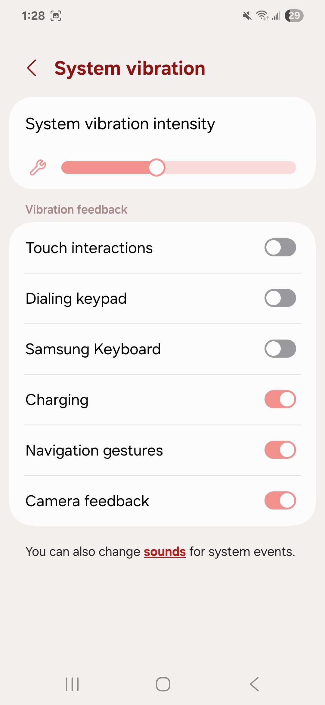 System vibration menu showing System vibration intensity slider and vibration feedback toggle options