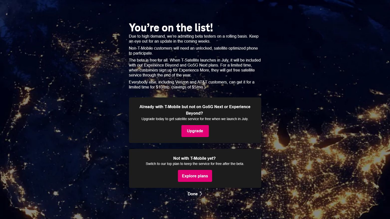 A screenshot of confirmation of signup for the T-Mobile T-Satellite beta program