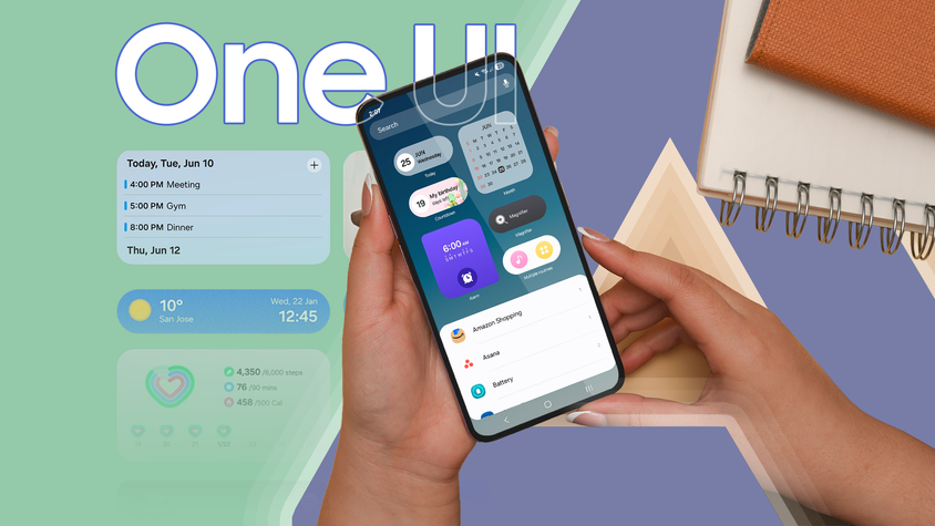 Hands holding a smartphone running One UI, with a background featuring the text 'One UI' and various productivity widget elements.