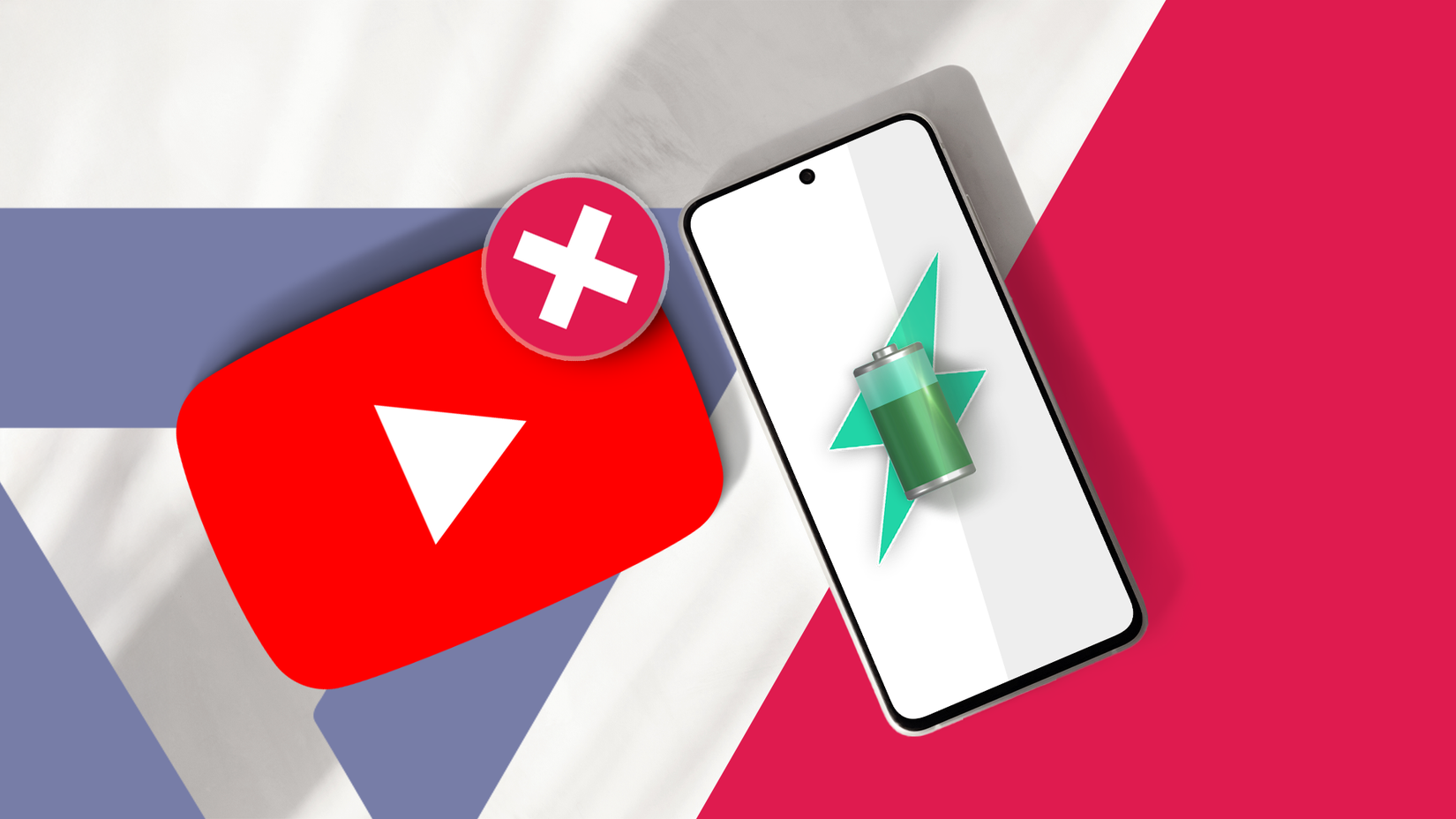 YouTube icon with an 'X' over it, next to a smartphone showing a full battery.