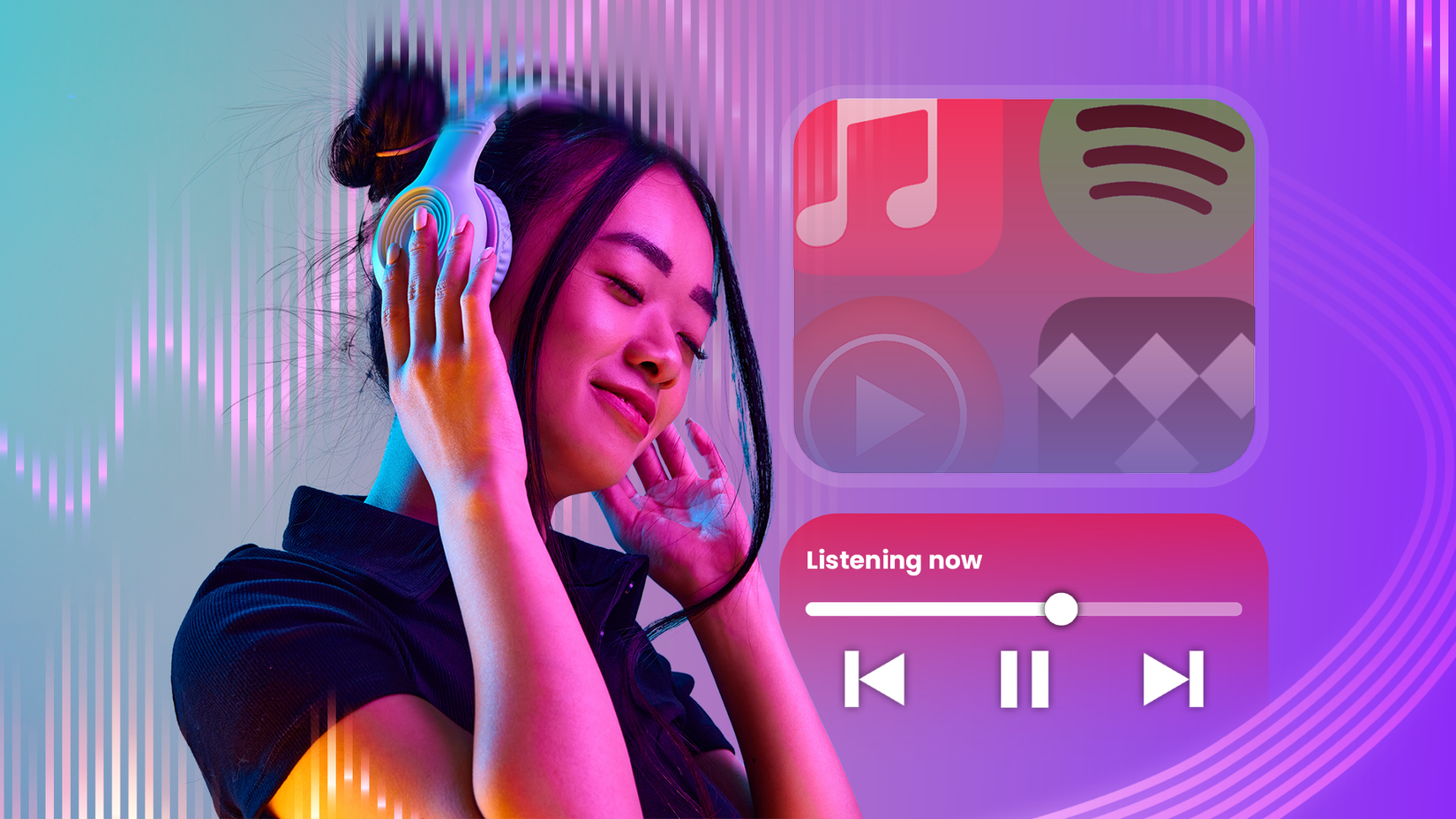 Una mujer usa música con auriculares y actúa con Apple, Spotify, música de YouTube y logotipos de marea e interfaces de lectura flotante en un fondo dinámico con formas de onda.