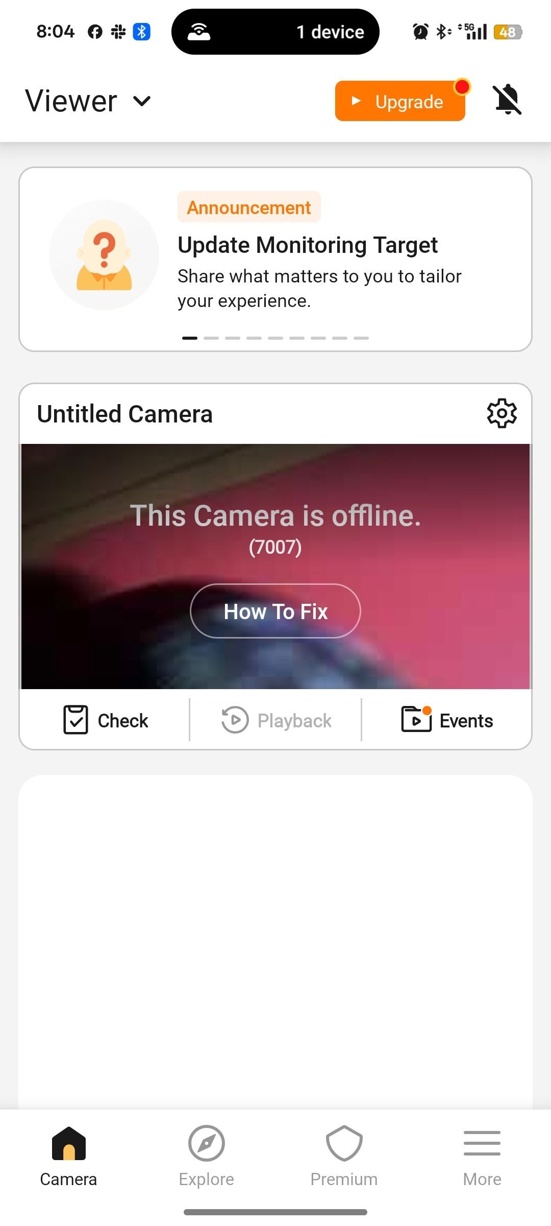 Camera menu on AlfredCamera app showing Untitled and offline camera details