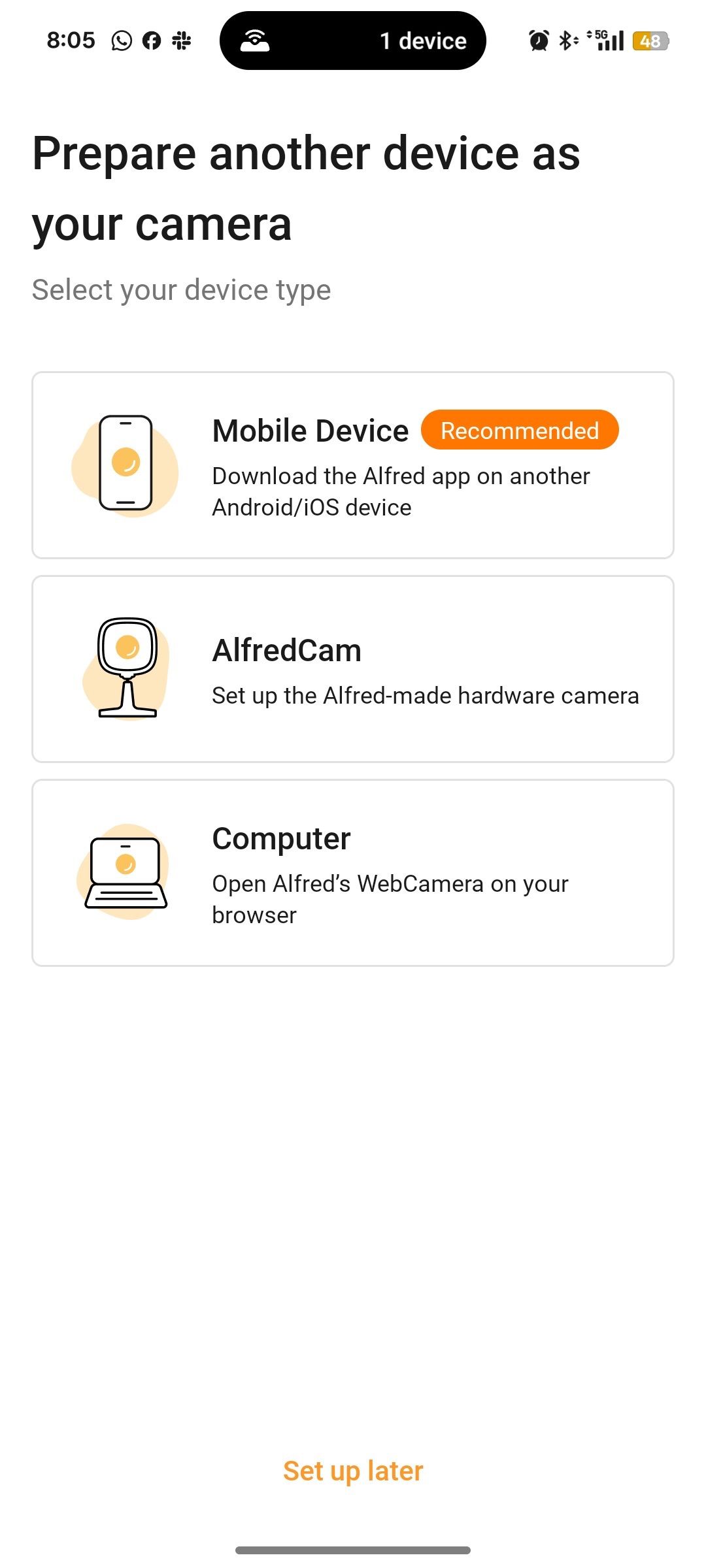 Menu on AlfredCamera app prompting user to add a camera device
