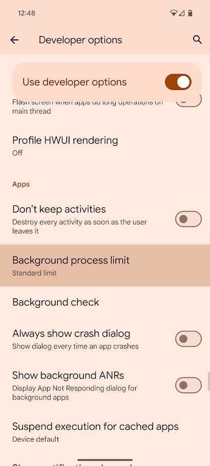 Menú de opciones de desarrollador de Android
