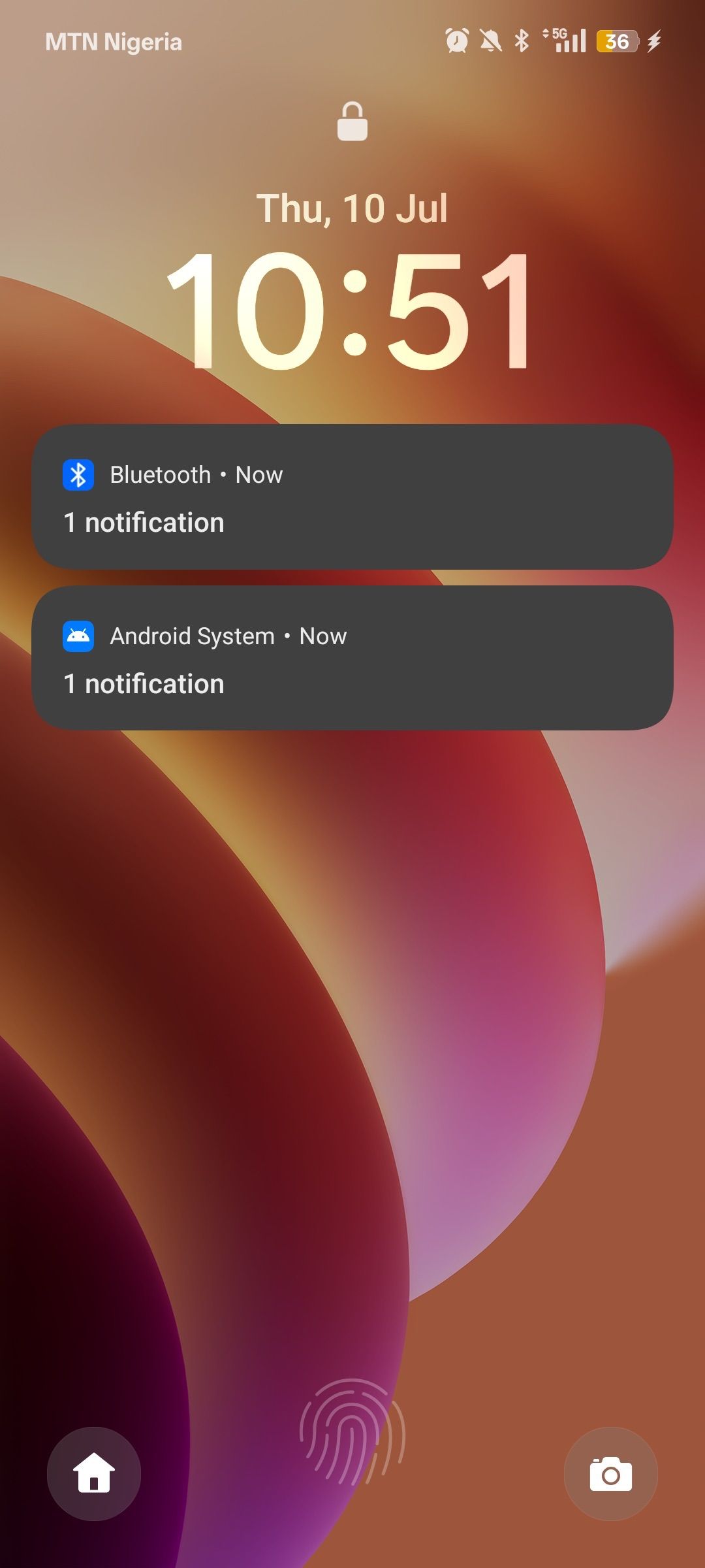 Android phone lock screen showing Google Home and camera app icons at the bottom