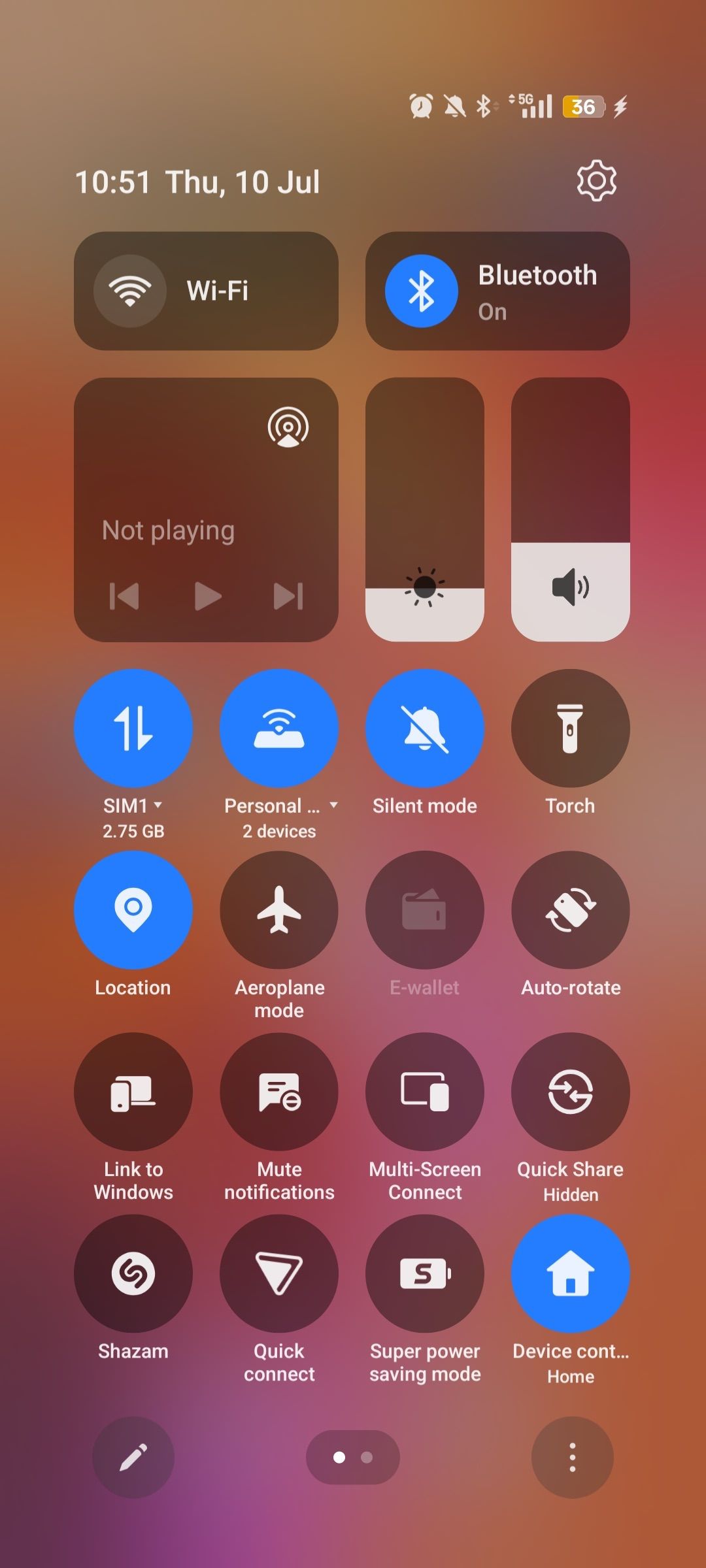 Android phone Quick Settings panel showing device control home tile