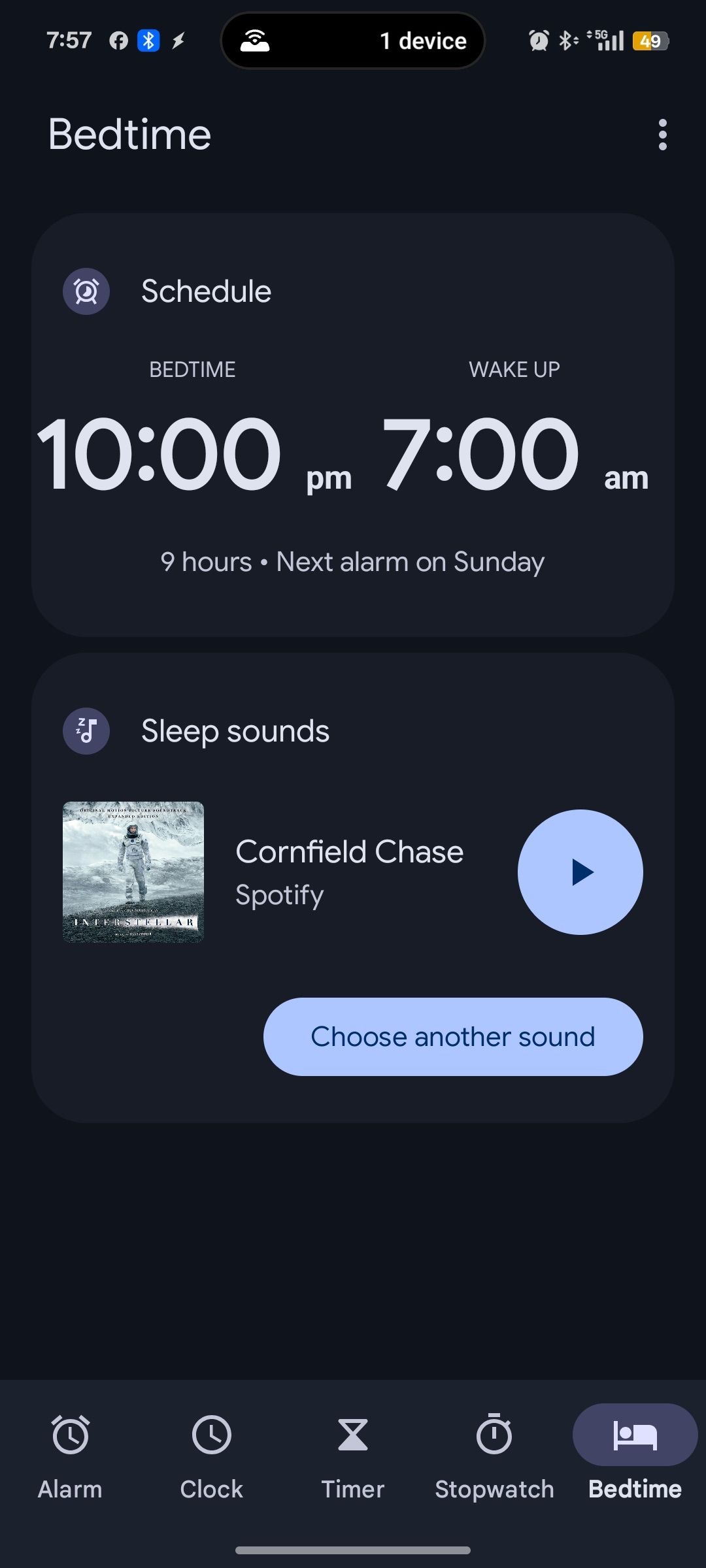 User bedtime settings configured between 10PM to 7AM on Google Clock