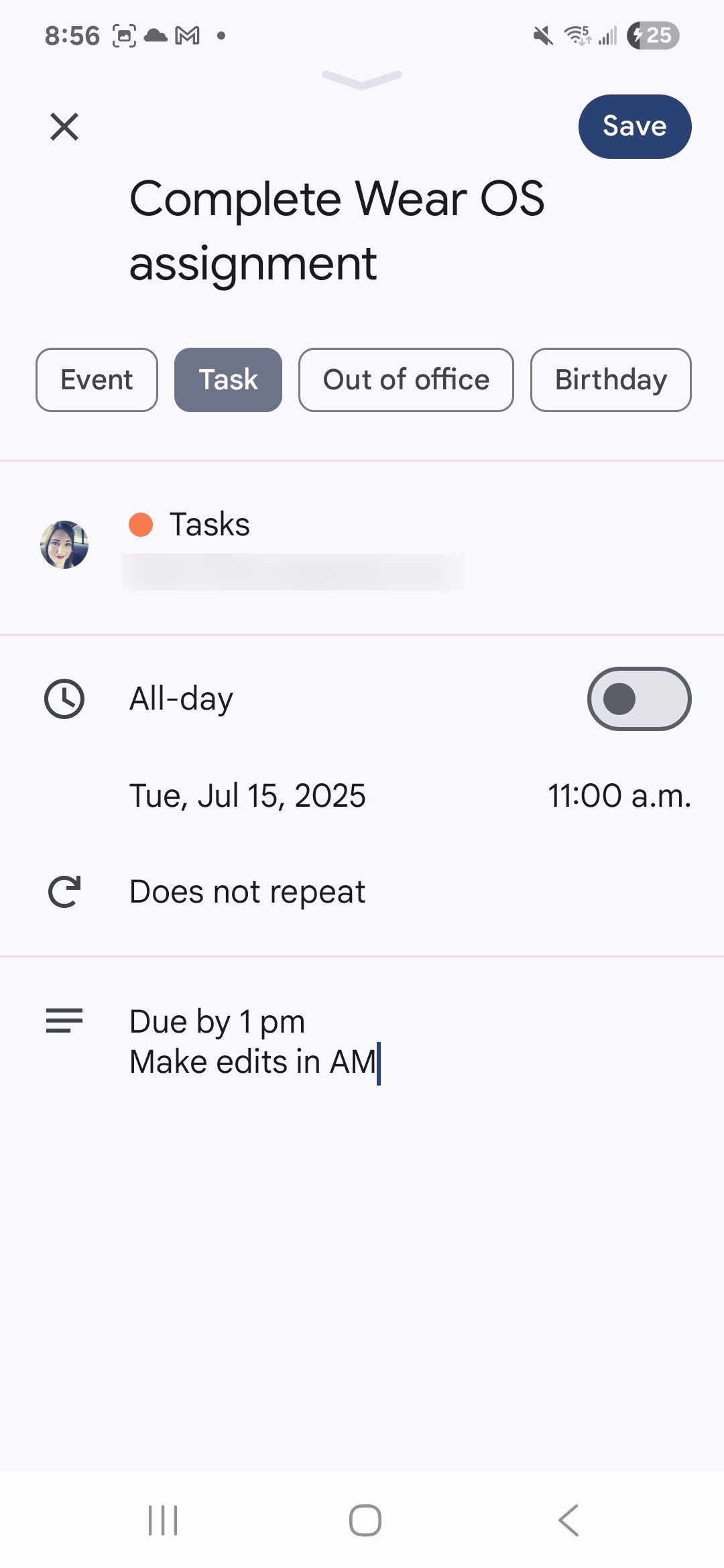 Adding a task on Google Calendar with added details on time and notes