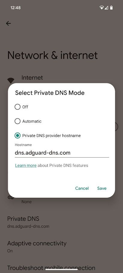 Página de configuración de Android Network e Internet DNS