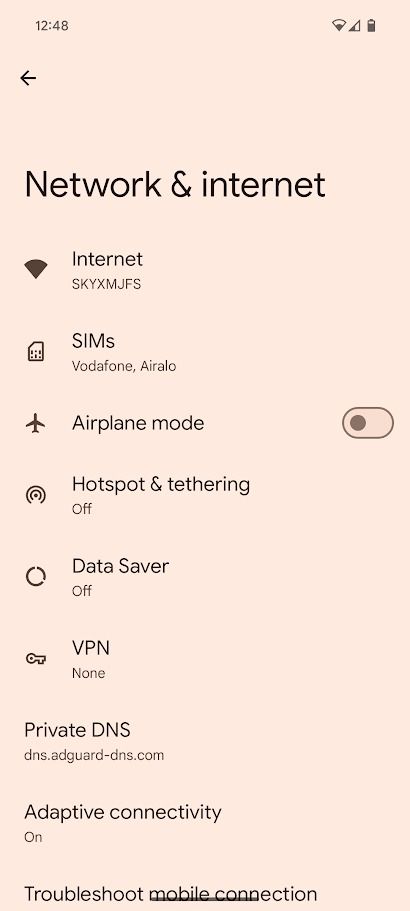 android network and internet settings page