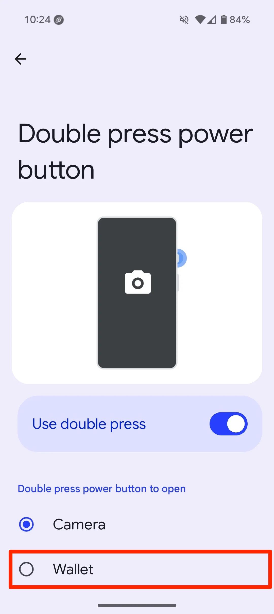 Menu showing red box highlighting Wallet as preferred app to open when double pressing Google Pixel power button