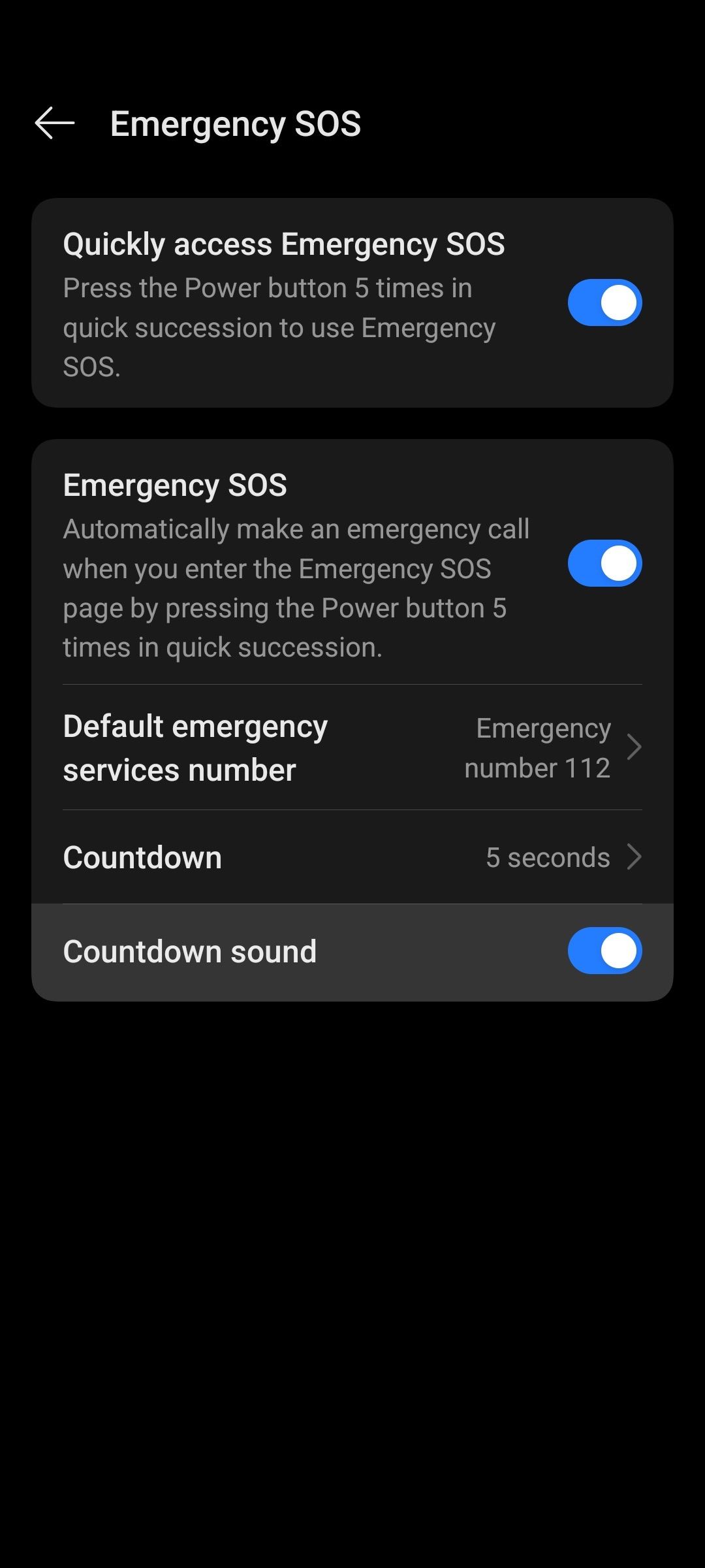Menu showing toggle buttons for enabling automatic emergency calls after five power button presses