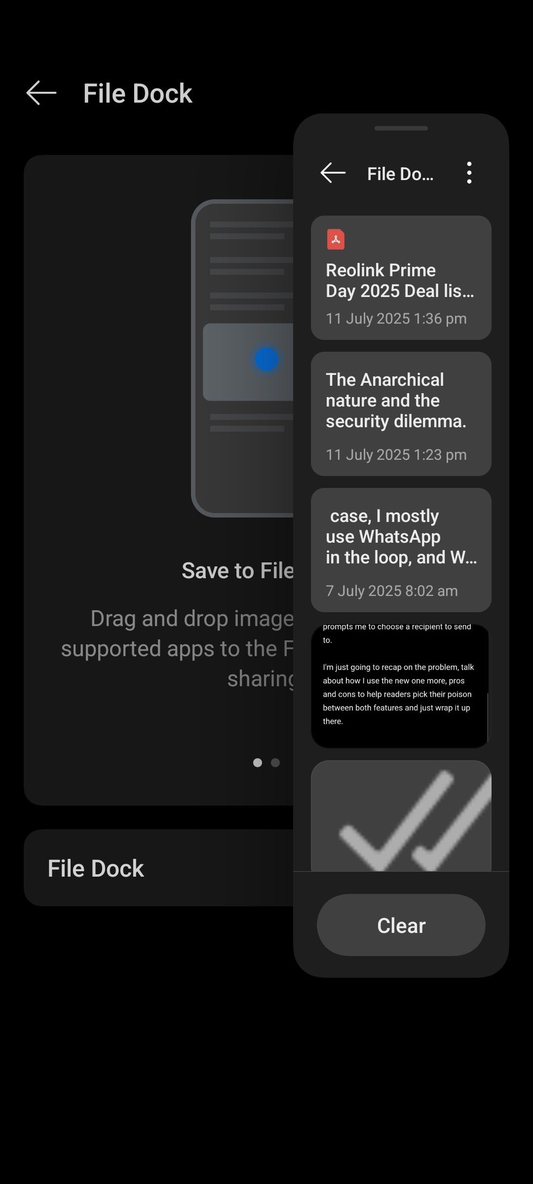 Smart Sidebar on Realme phone showing copied PDF and texts to File Dock feature