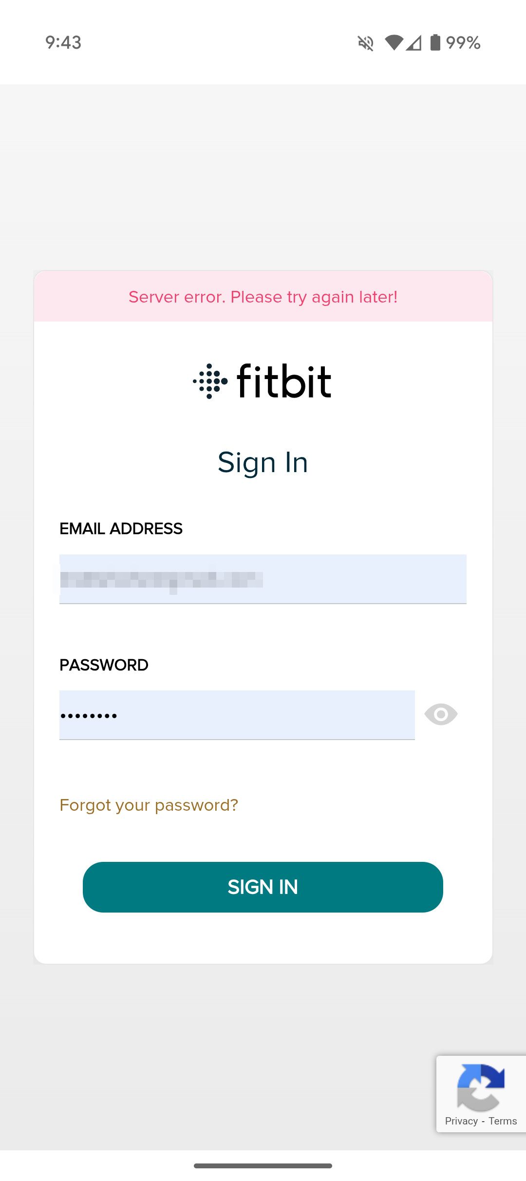 Fitbit's login page, showing a server error.