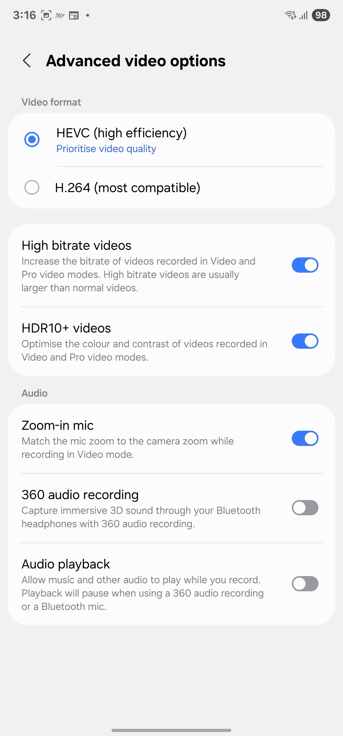 HEVC video recording in Galaxy phones